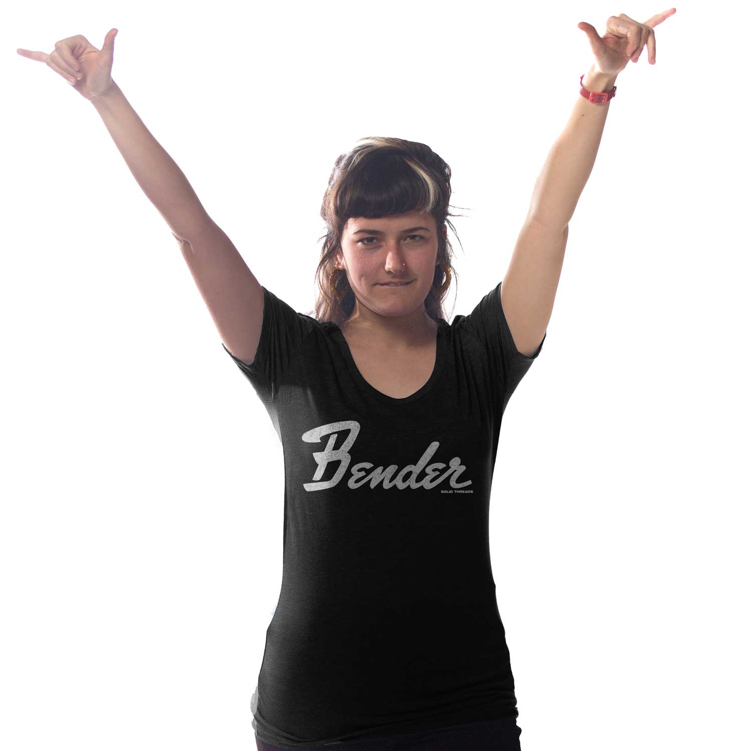 Women's Bender Vintage Partying Graphic T-Shirt | Funny Music Festival Tee on Model | Solid Threads