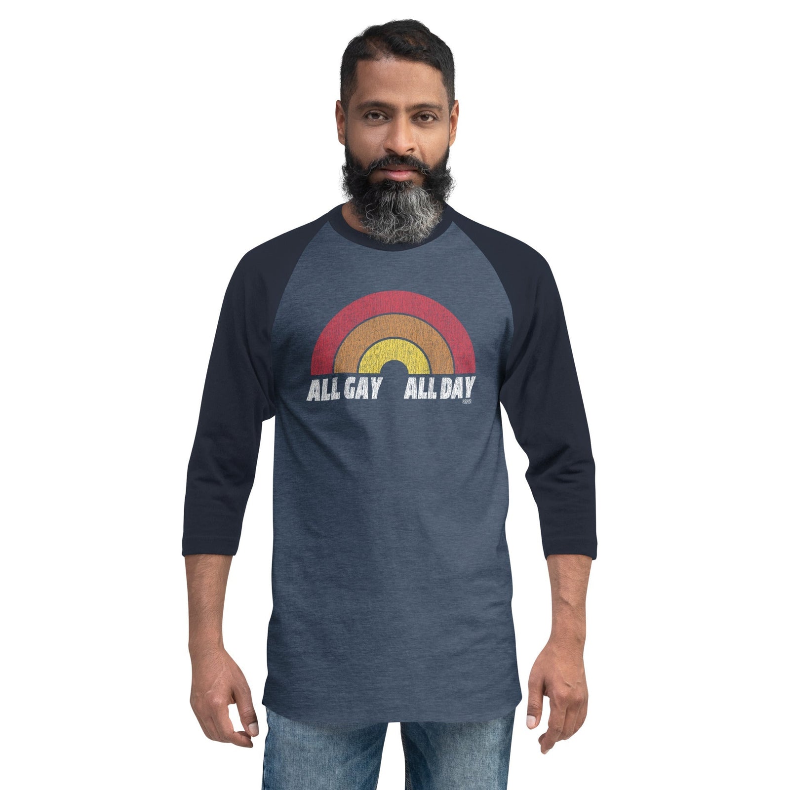 All Gay All Day Vintage Baseball Tee | Retro LGBTQ Pride Raglan on Model | Solid Threads
