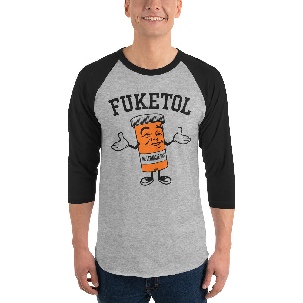Fuketol Festival Baseball Tee | Retro Pill Bottle Raglan on Model | Solid Threads