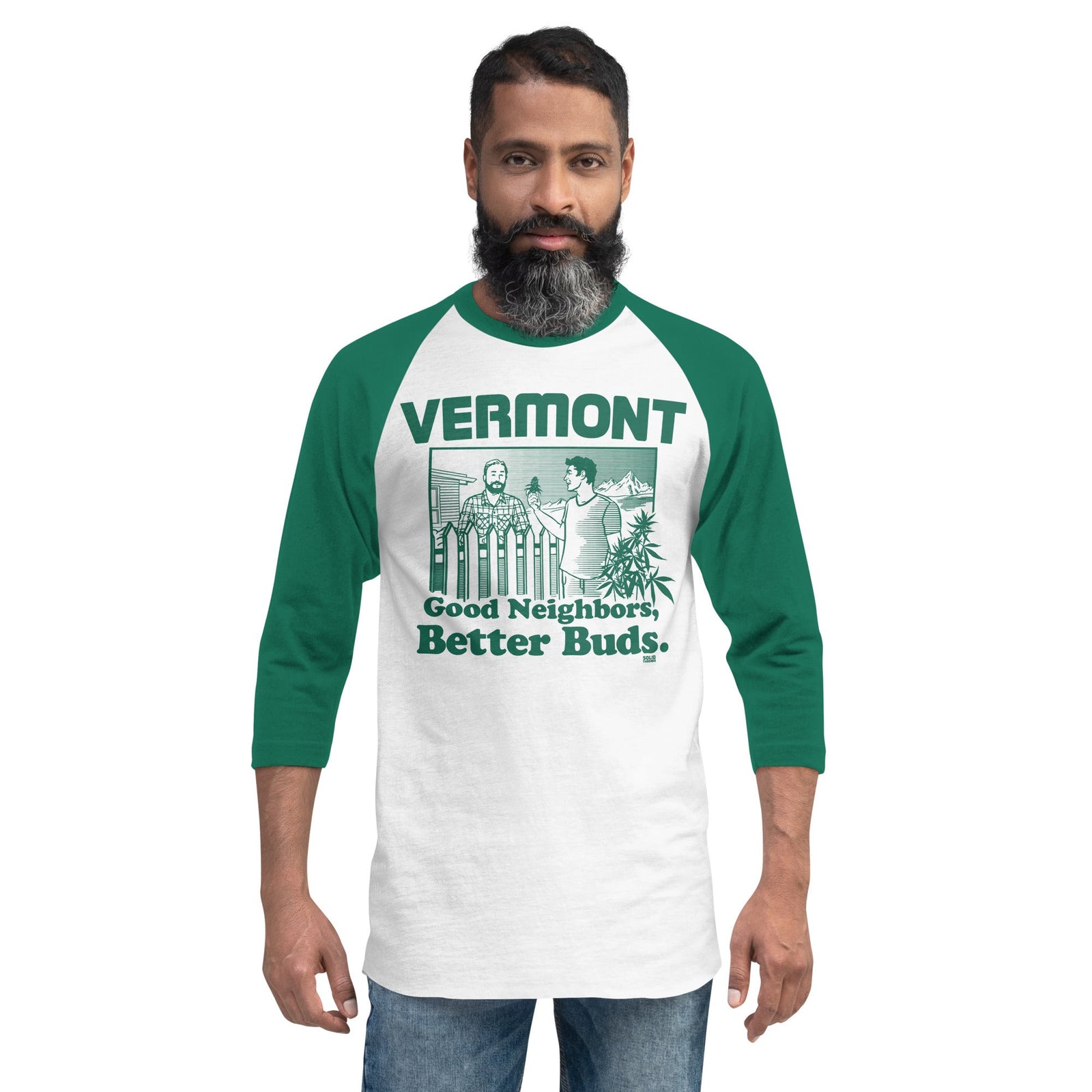 Vermont Better Buds Baseball Tee | Retro Marijuana Raglan on Model | Solid Threads