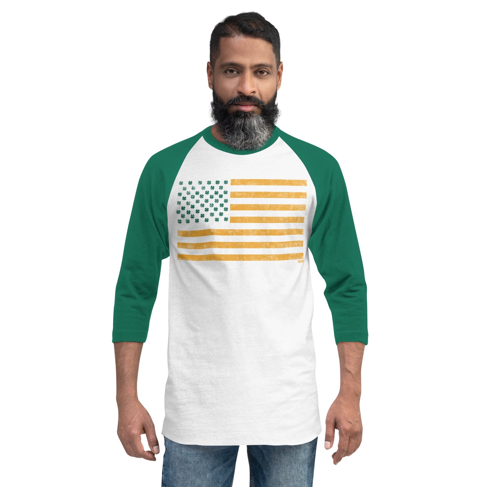Irish American Vintage Baseball Raglan | Cool St Paddys Day Tee On Model | Solid Threads