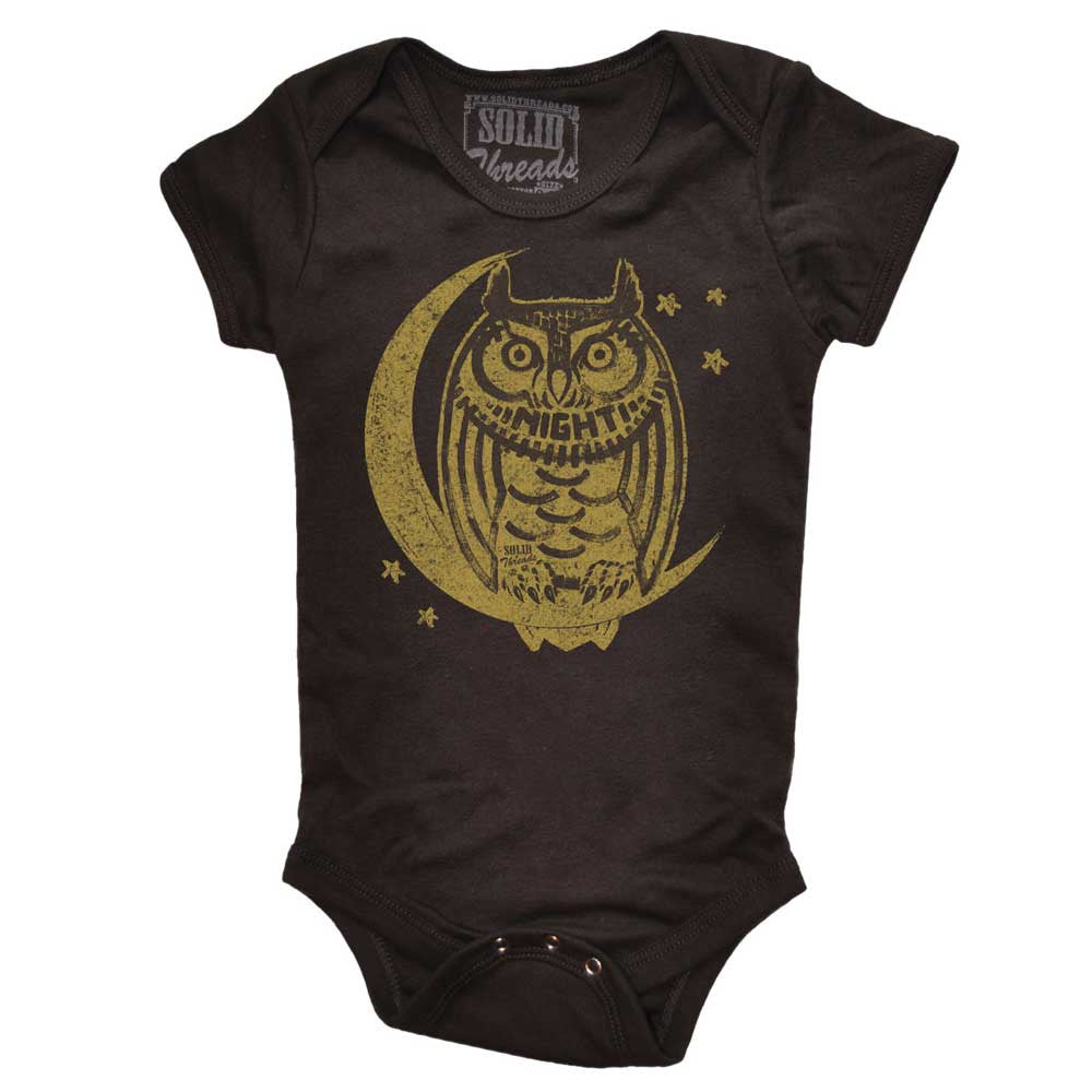 Baby Night Owl Retro Bird Watching Graphic Onesie | Cute Animal Brown Baby Romper | Solid Threads