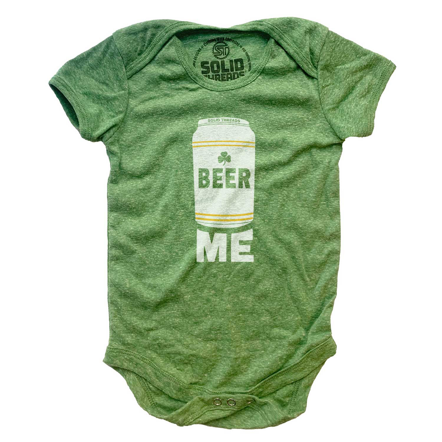 Baby Beer Me Retro Shamrock Graphic One Piece | Funny St Paddys Day Triblend Romper | Solid Threads