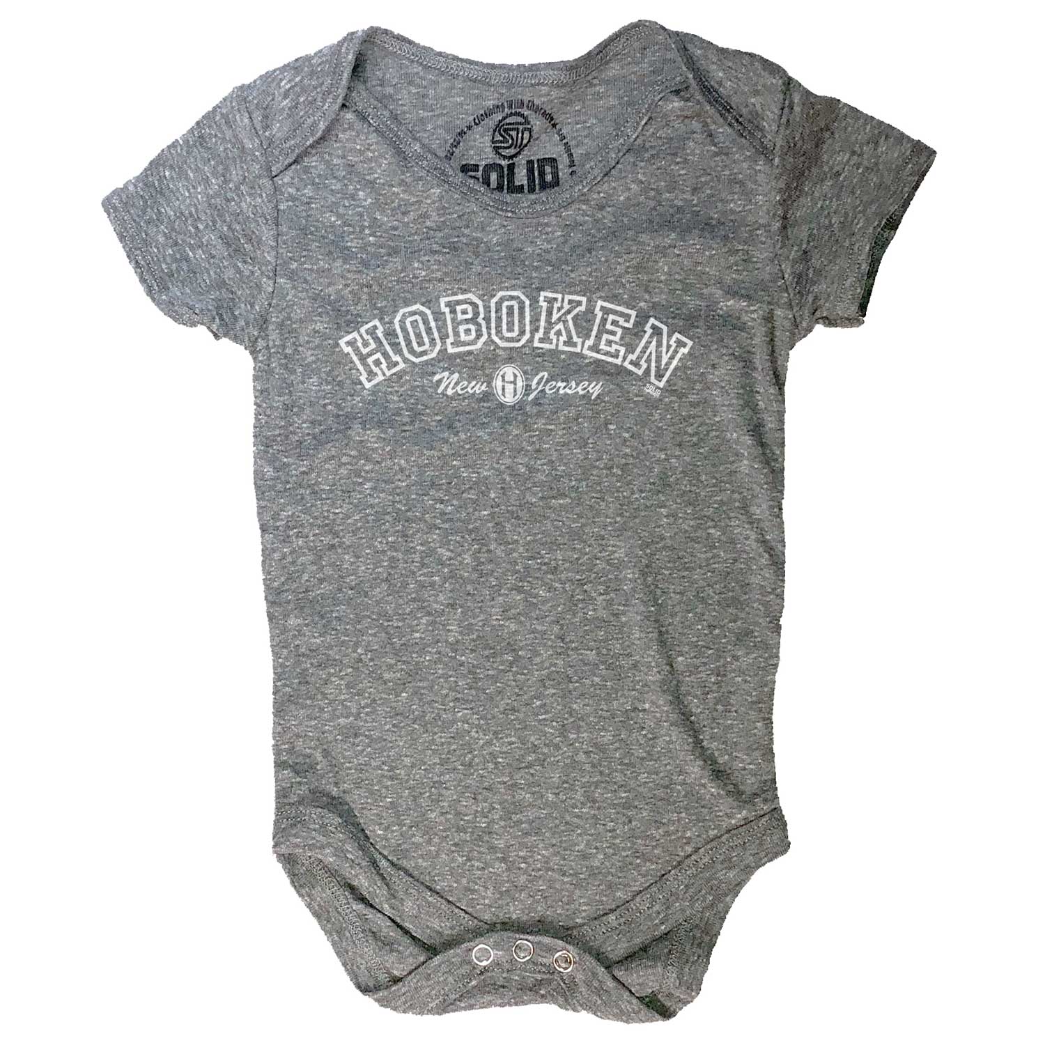 Baby Hoboken Collegiate Cool Graphic One Piece | Retro New Jersey Triblend Romper | Solid Threads