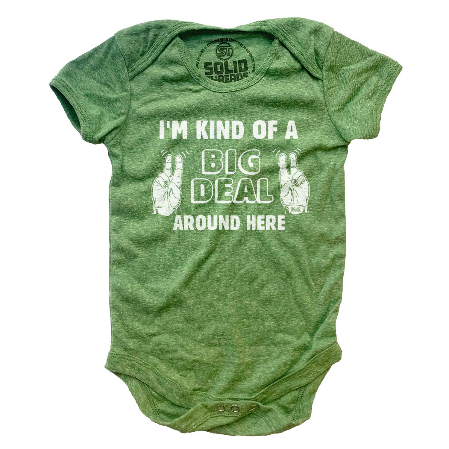 Baby Big Deal Around Here Retro Graphic One Piece | Funny Anchorman Triblend Romper | Solid Threads