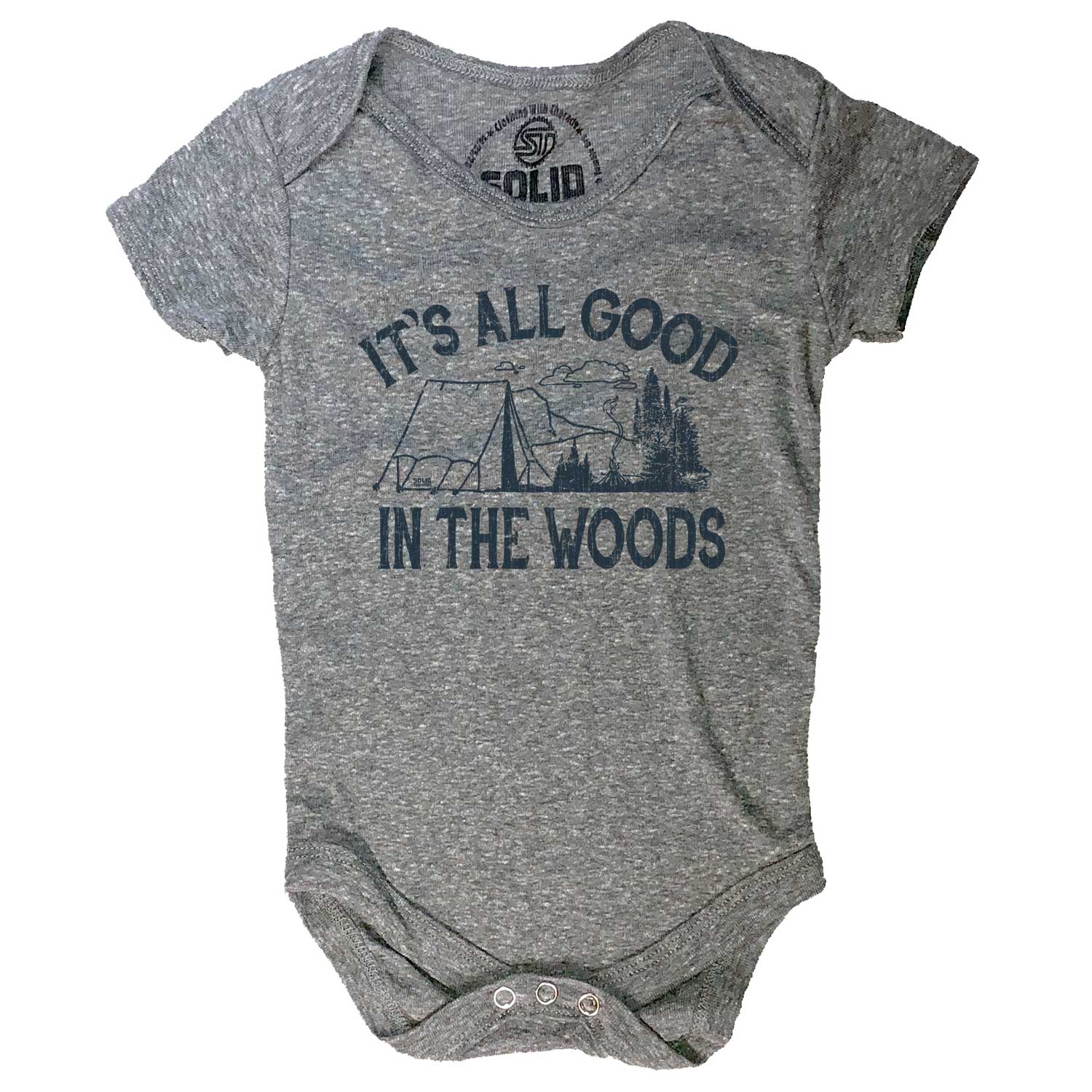 Baby All Good in the Woods Retro Graphic One Piece | Funny Camping Triblend Romper | Solid Threads