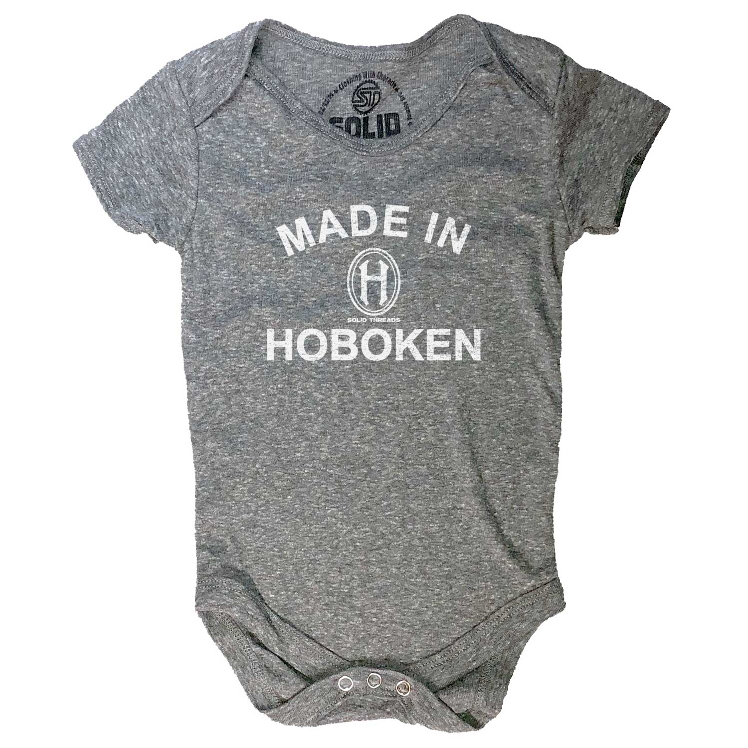 Baby Made In Hoboken Cute Graphic One Piece | Retro New Jersey Triblend Romper | Solid Threads