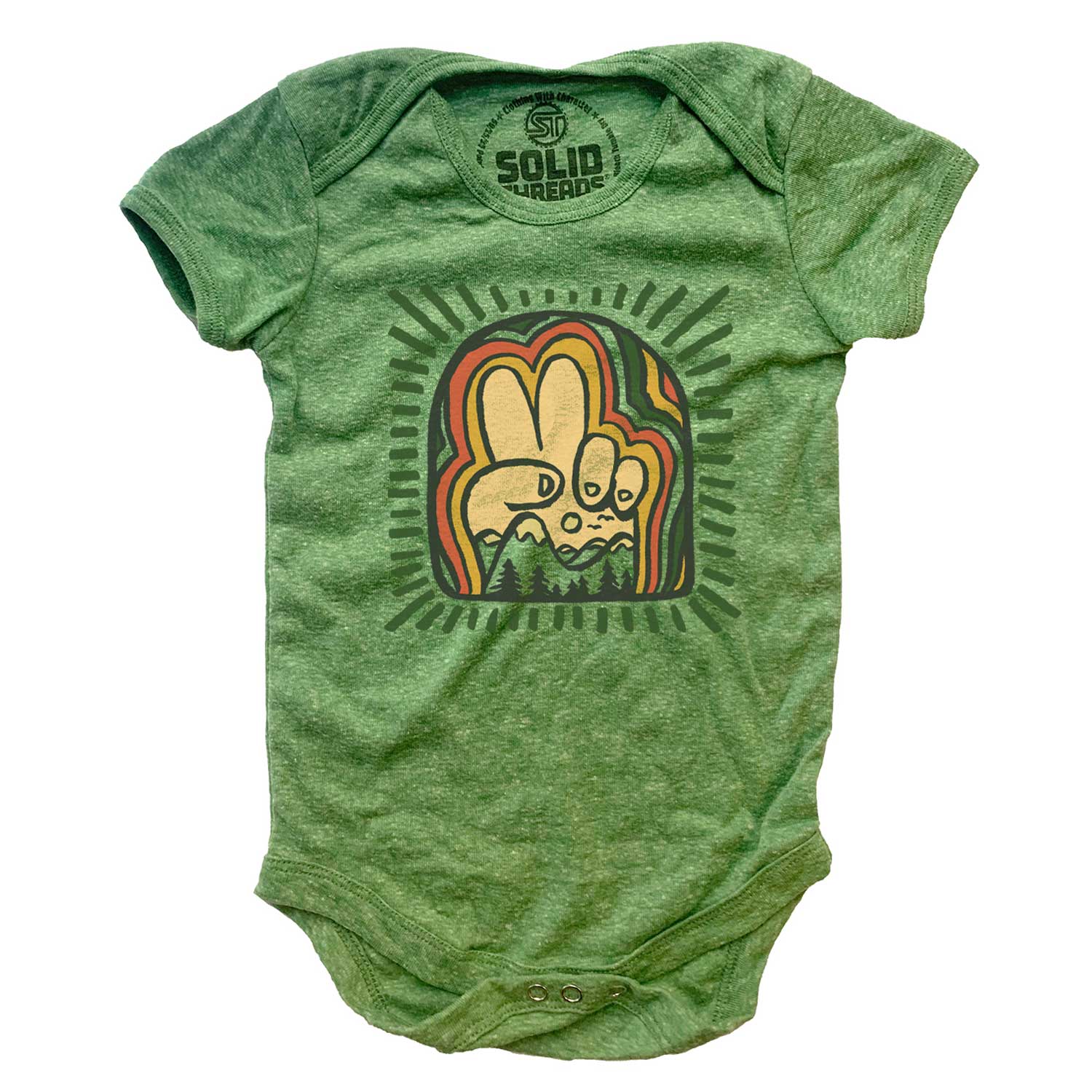 Baby Peace Mountains Retro Nature Graphic One Piece | Cool Peace Sign Baby Romper | Solid Threads