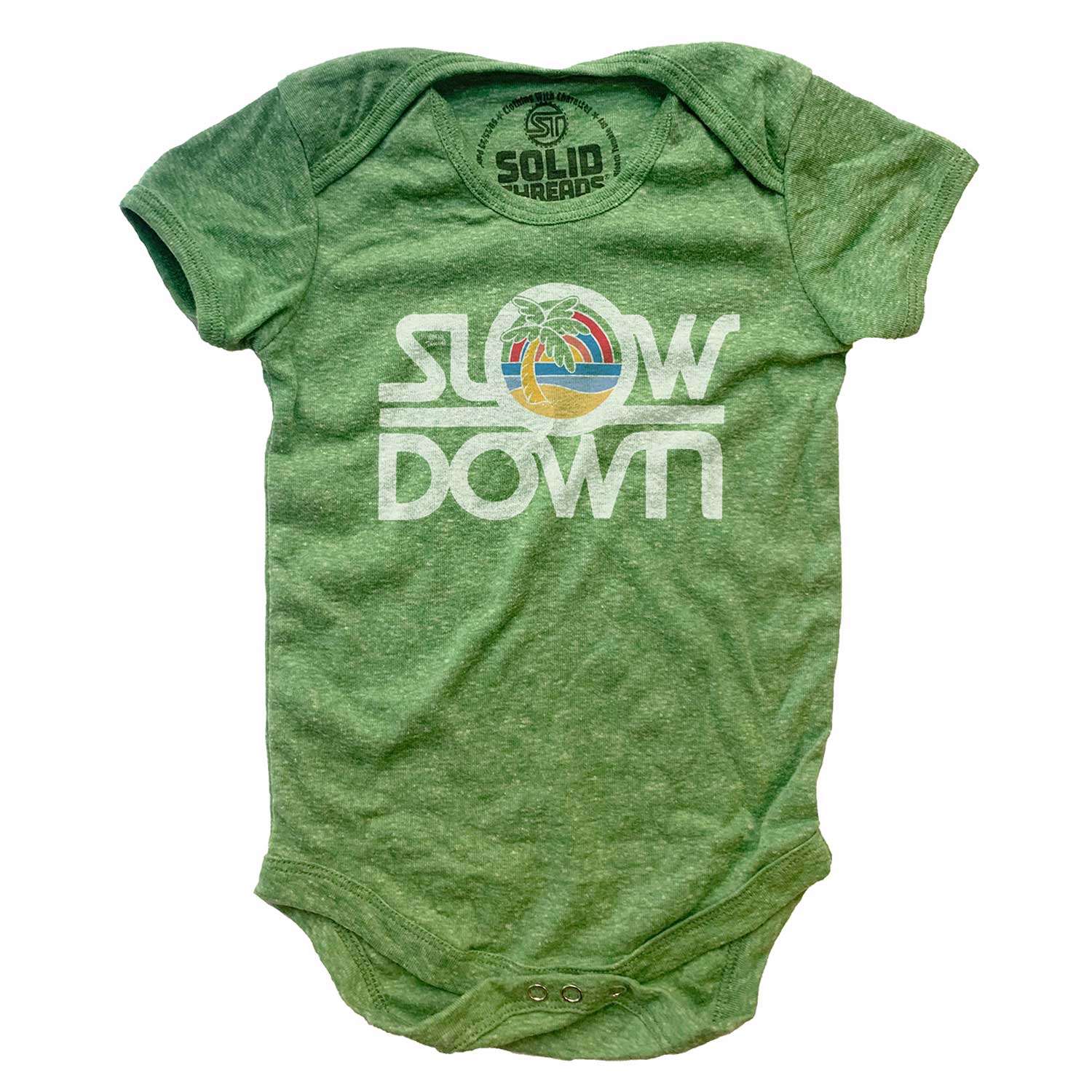 Cute Baby Slow Down Retro Island Life Graphic Onesie | Cool Beach Vacation Romper | Solid Threads