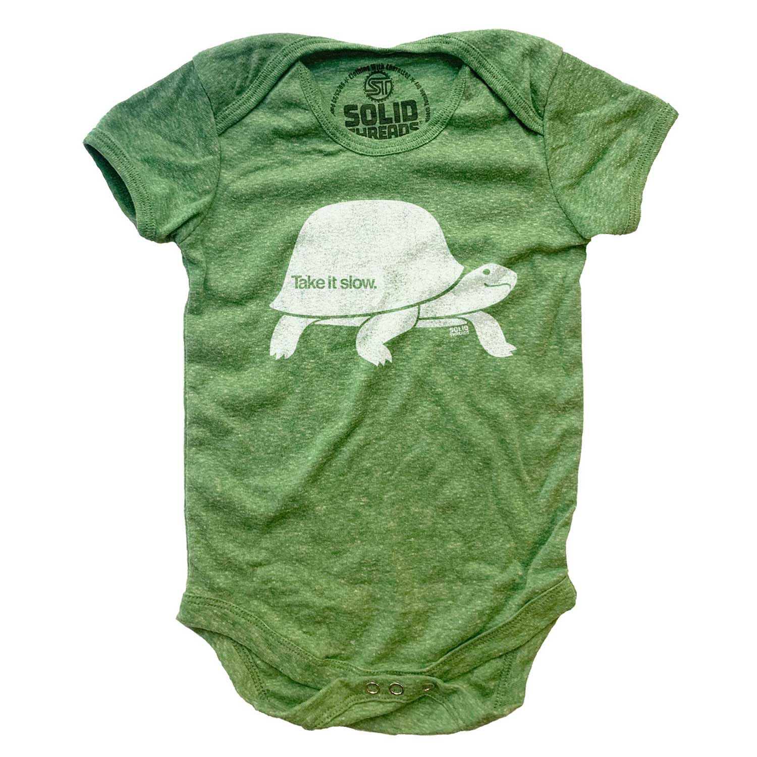 Baby Take It Slow Retro Patience Graphic One Piece | Cute Turtle Triblend Romper | Solid Threads