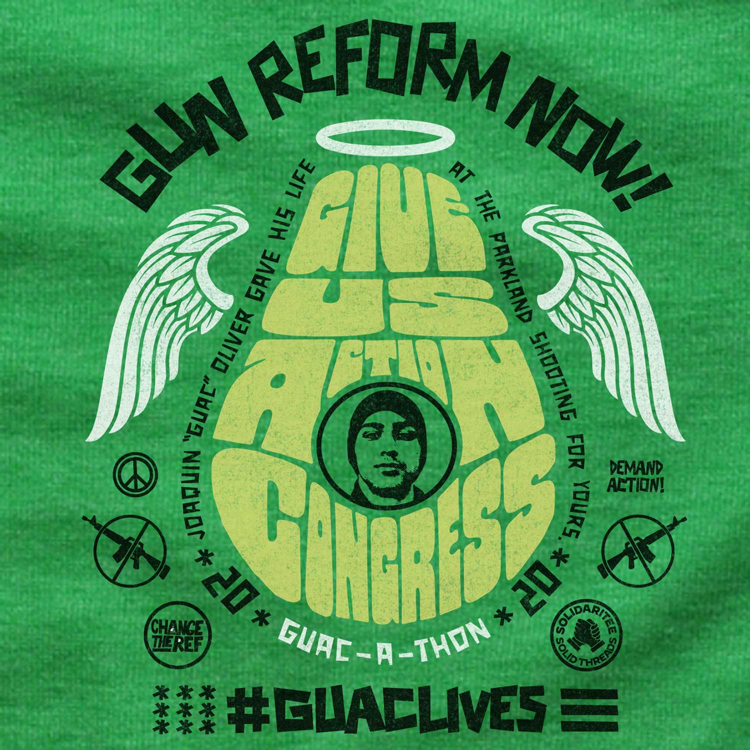 Kids Guac A Thon 2020 Cool Activist Graphic T-Shirt Close Up | Retro Gun Reform Tee | Solid Threads
