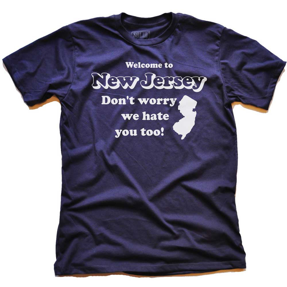 Men&#39;s New Jersey We Hate You Too Vintage Graphic T-Shirt | Funny NJ Soft Navy Tee | Solid Threads