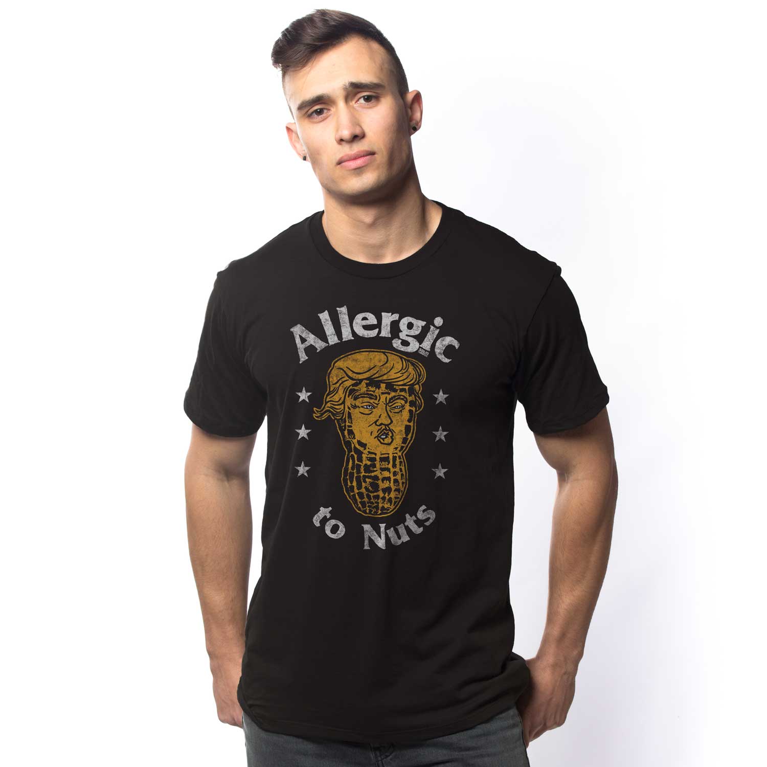 Men's Allergic To Nuts Vintage Graphic T-Shirt | Funny Anti Trump Tee on Model | Solid Threads