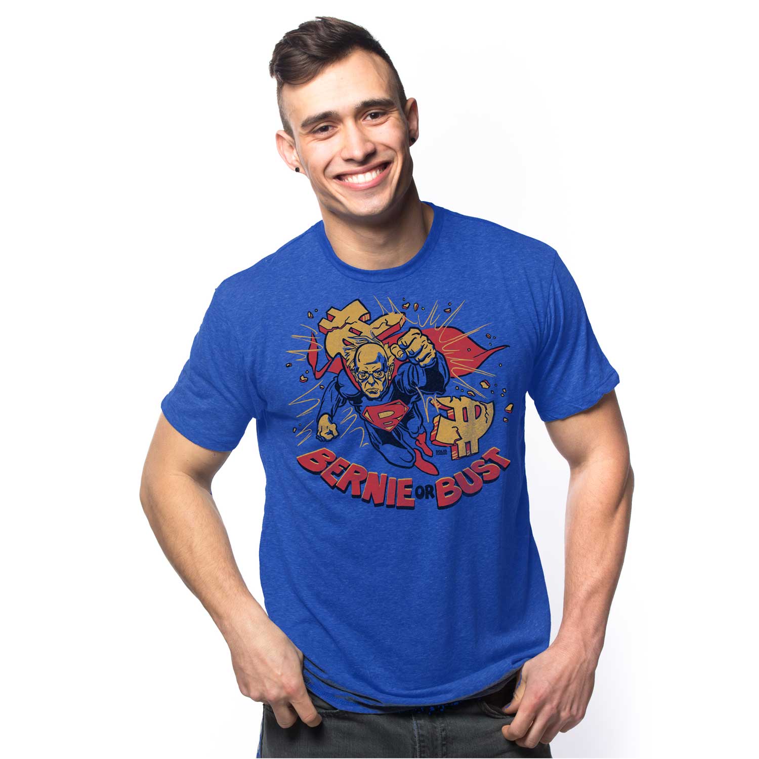 Men's Bernie Or Bust Cool Graphic T-Shirt | Vintage Left Politics Tee on Model | Solid Threads