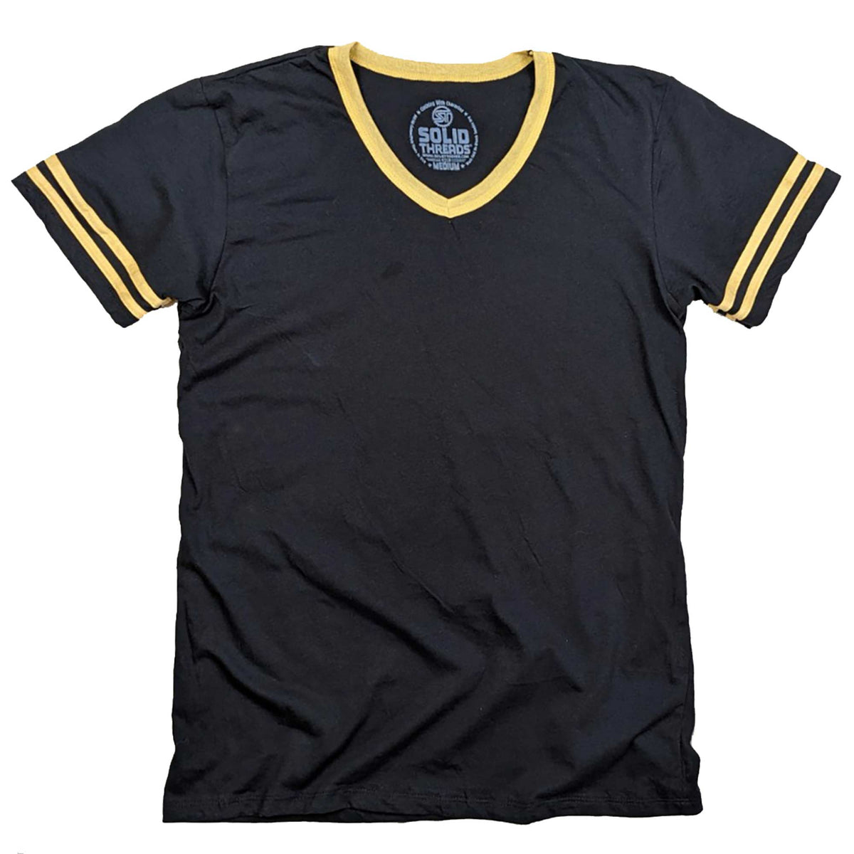 Men&#39;s Retro Ringer V-neck T-shirt Black/Gold | Super Soft Vintage Inspired Tee | USA Made