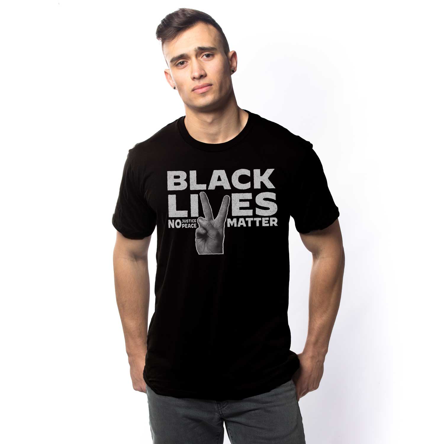 Men's Black Lives Matter Peace Vintage T-shirt | Cool BLM Graphic Tee On Model | Solid Threads