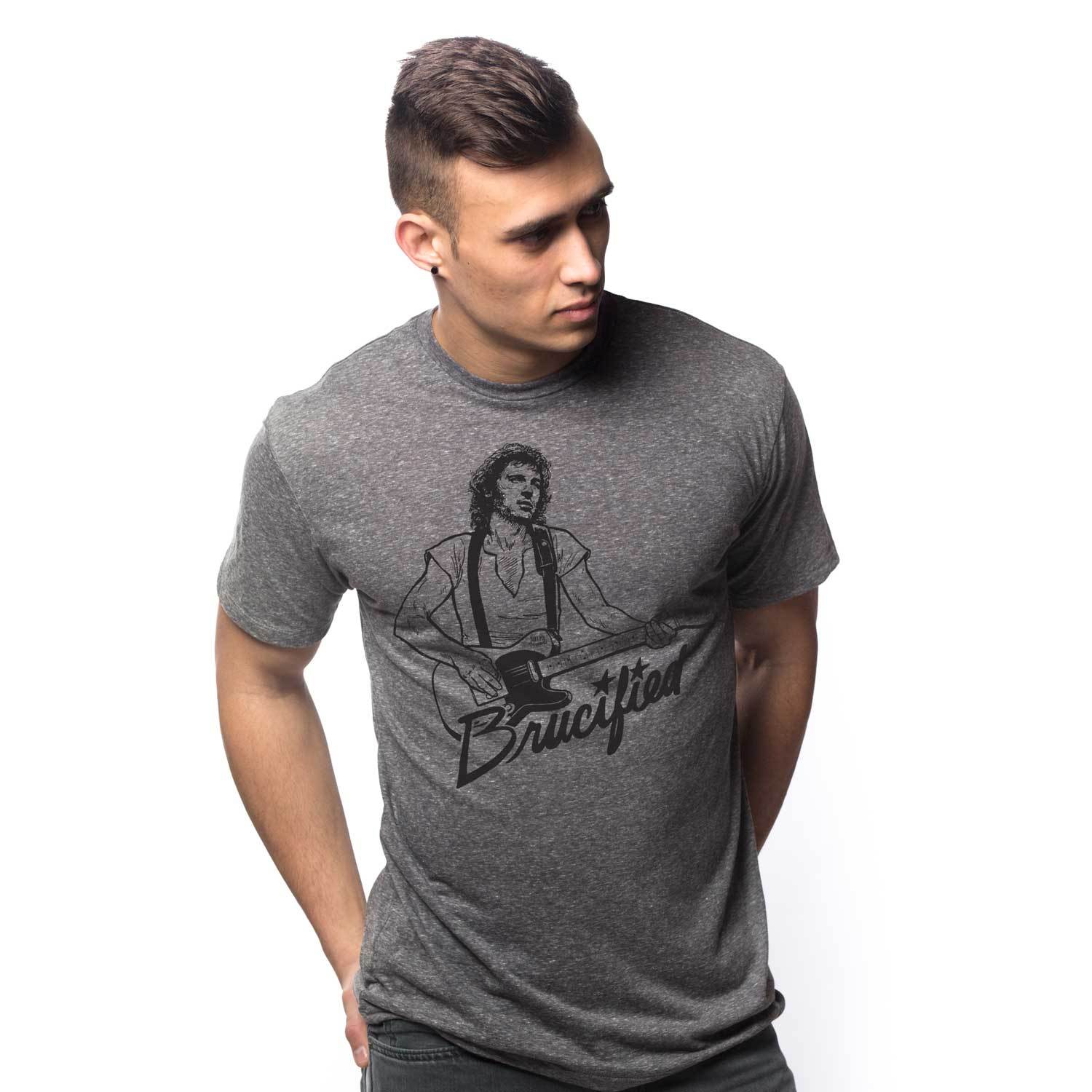 Men's Brucified Cool Music Graphic T-Shirt | Vintage Bruce Springstein Tee on Model | Solid Threads