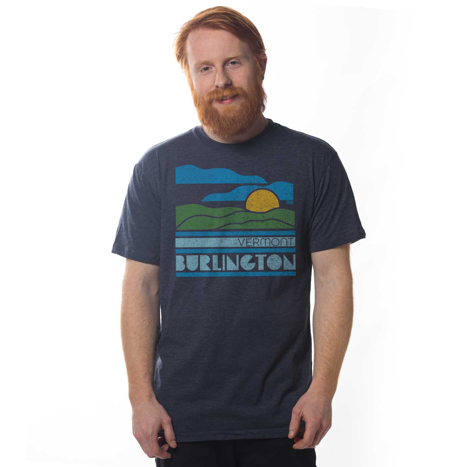 Men's Burlington VT Sunset Cool T-shirt | Retro Lake Champlain Graphic Tee on Model | Solid Threads