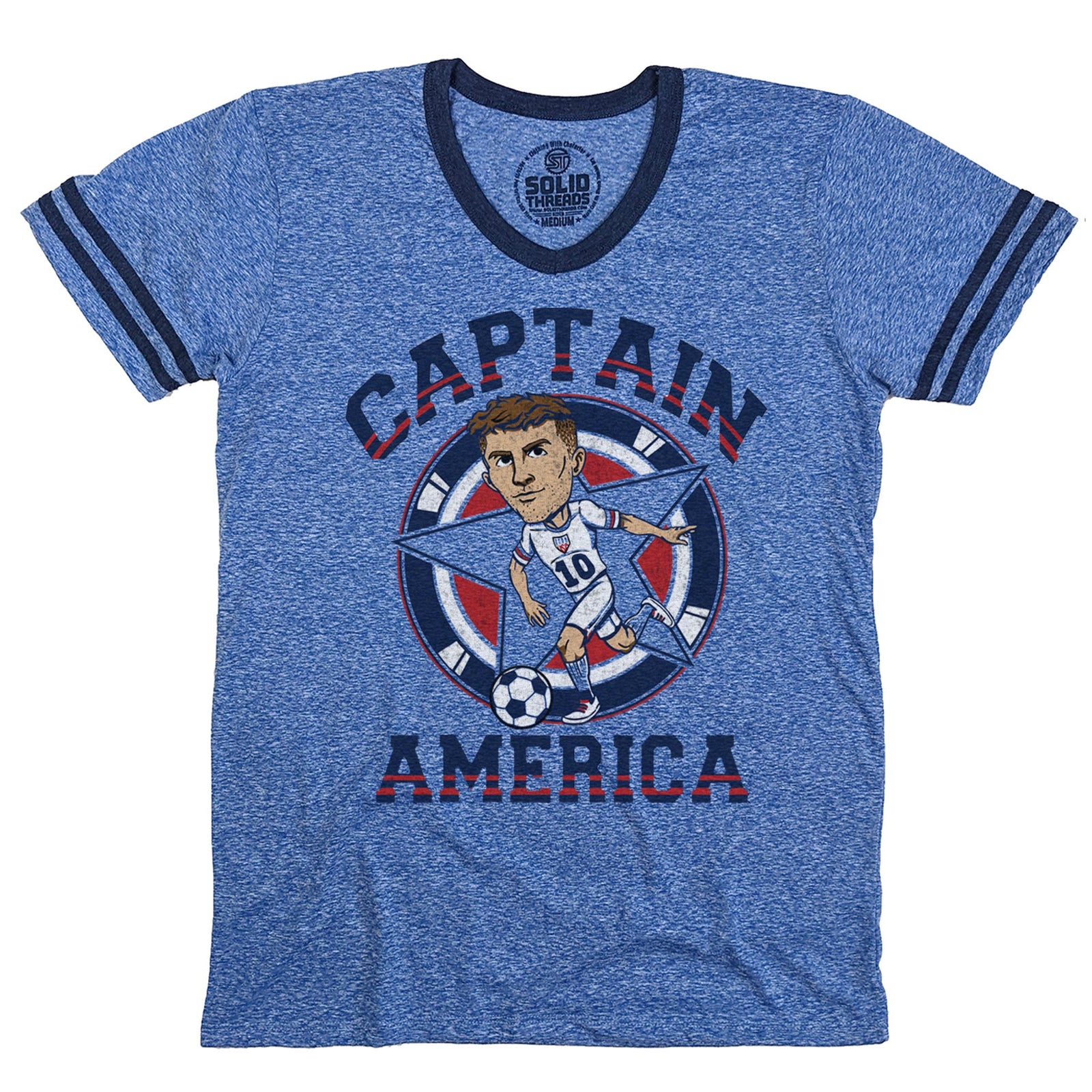 mens captain america vintage graphic tee | cool usa soccer triblend royal red v-neck t-shirt - solid threads