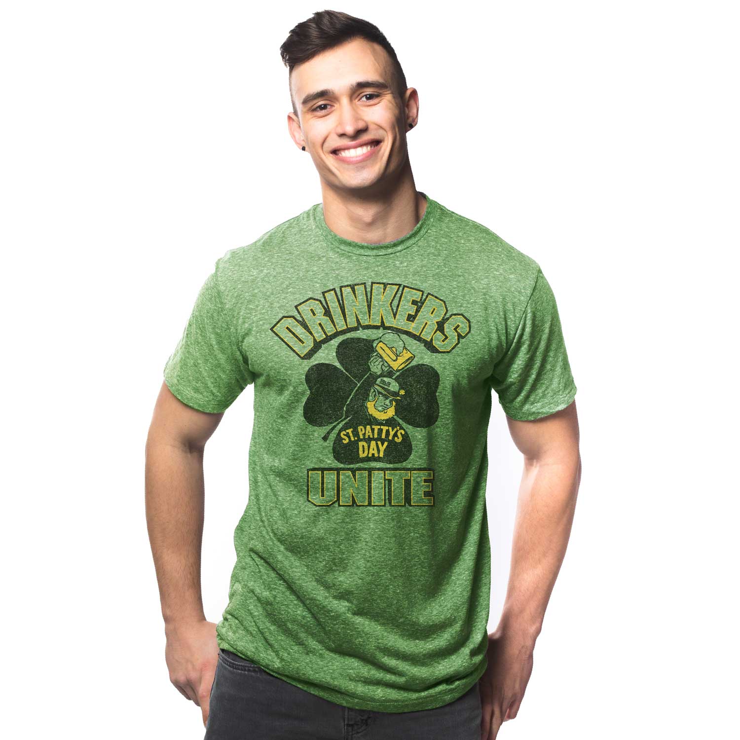 Men's Drinkers Unite Vintage Graphic T-Shirt | Funny St Paddys Day Tee on Model | Solid Threads