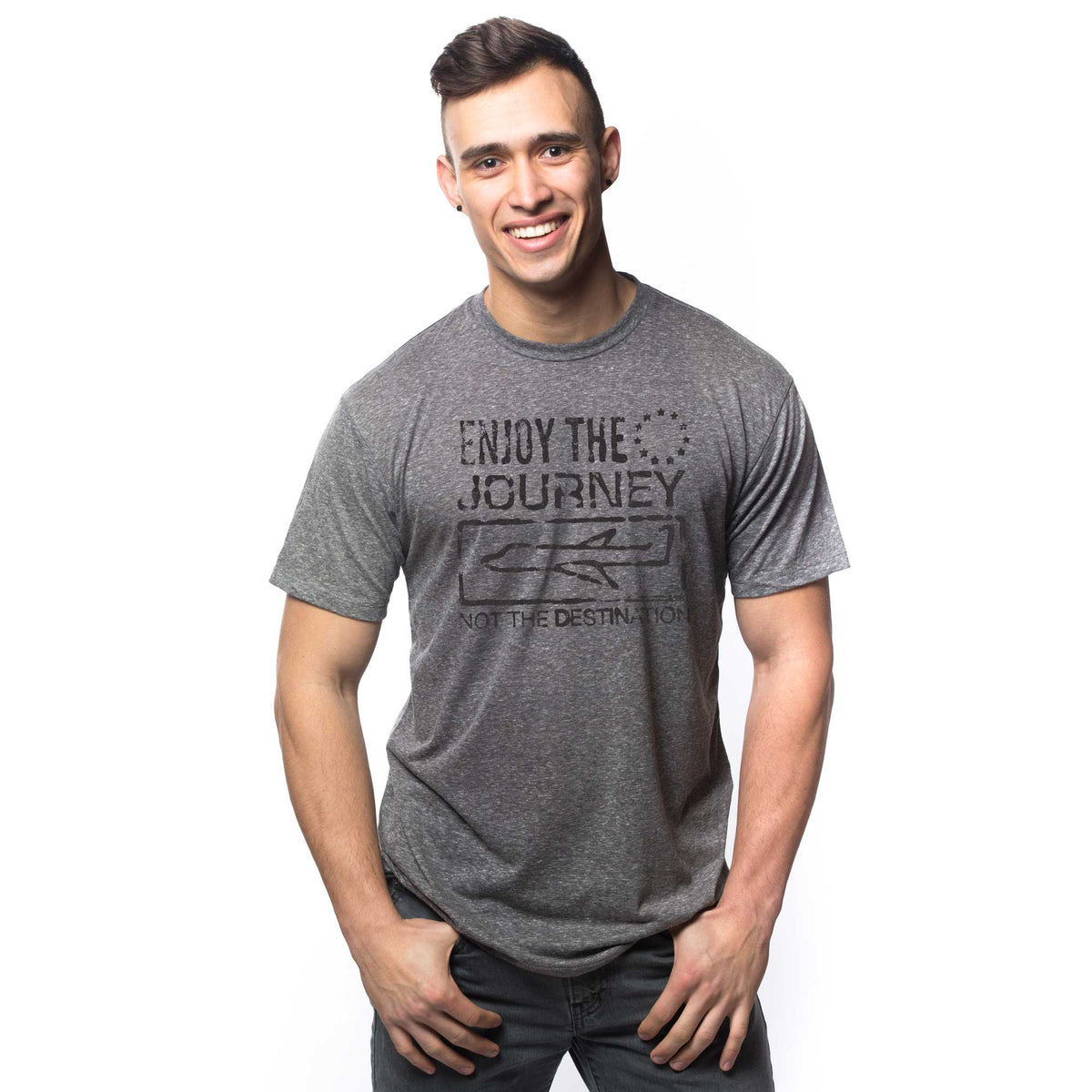 Men's Enjoy Journey Not Destination Cool Graphic T-Shirt | Retro Travel Tee On Model | Solid Threads