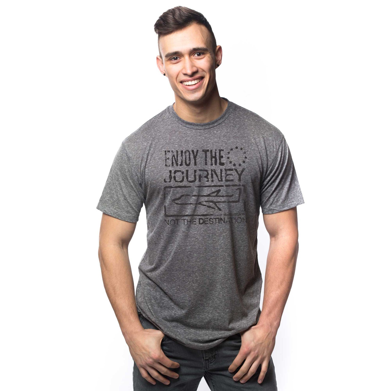 Men's Enjoy Journey Not Destination Cool Graphic T-Shirt | Retro Travel Tee On Model | Solid Threads