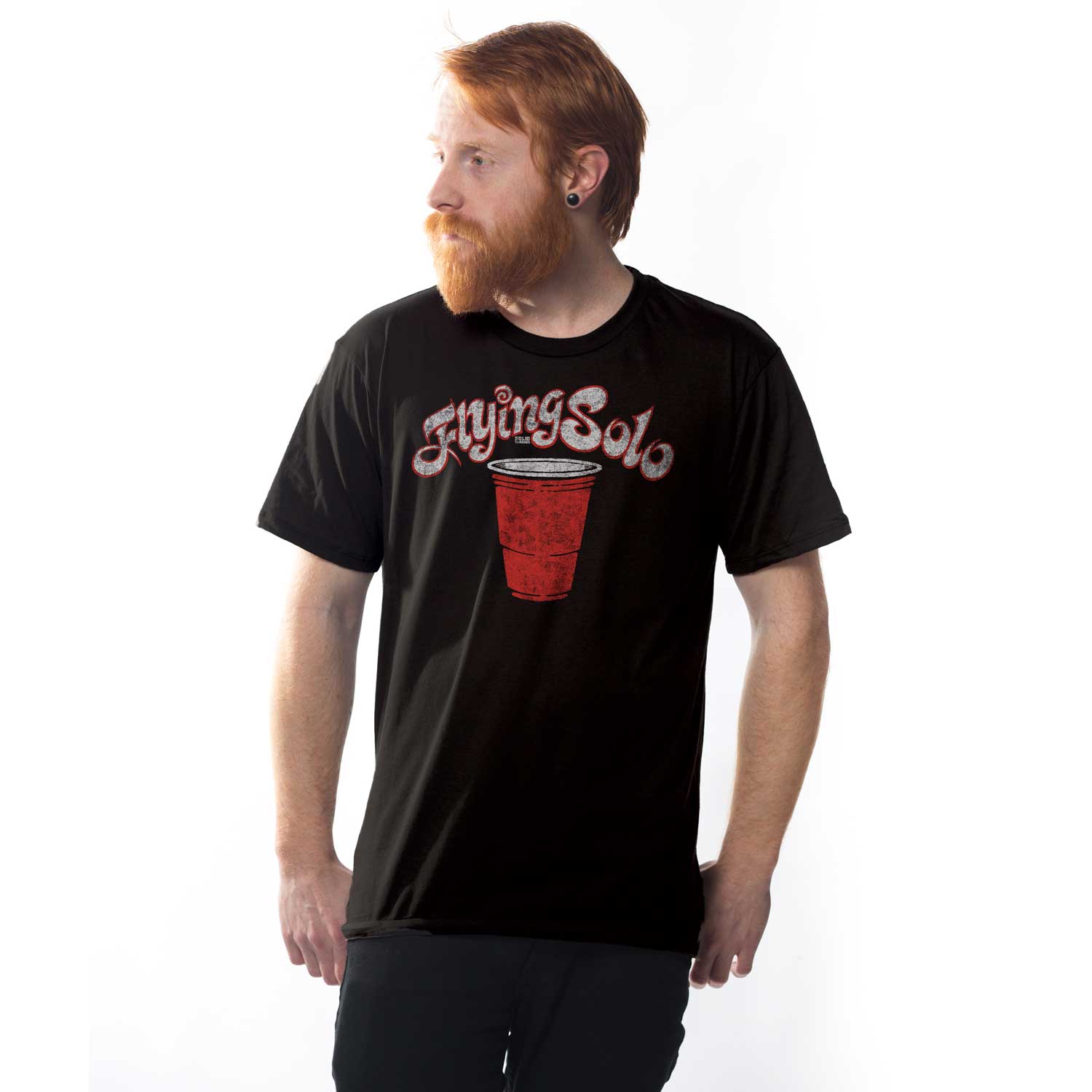 Men's Flying Solo Vintage Party Game T-shirt | Funny Drinking Graphic Tee On Model | Solid Threads