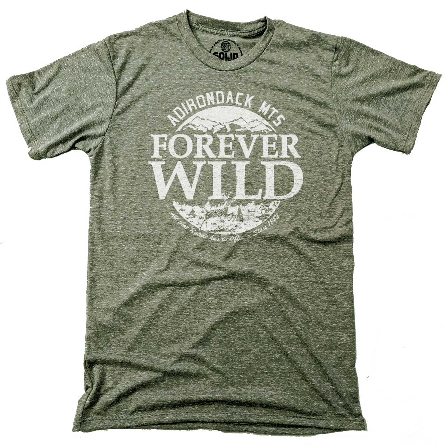 Men's Forever Wild Cool Graphic T-Shirt | Vintage Adirondack Mountains Tee on Model | Solid Threads