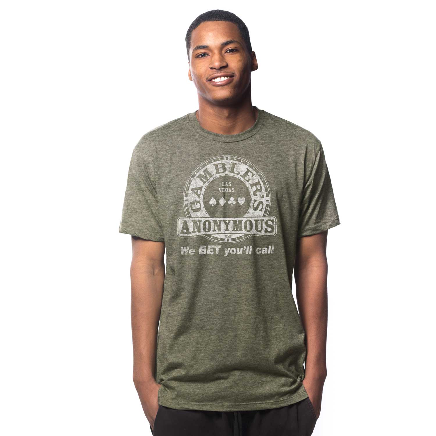 Men's Gambler's Anonymous Retro Graphic T-Shirt | Funny Vegas Triblend Tee on Model | Solid Threads