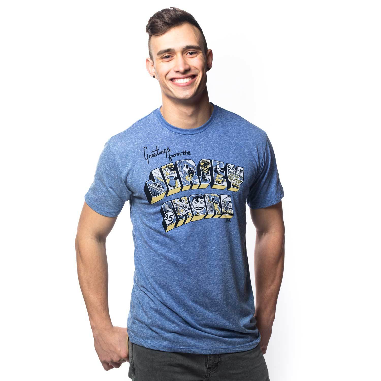 Men's Greetings From The Jersey Shore Cool Graphic T-Shirt | Vintage NJ Tee on Model | Solid Threads