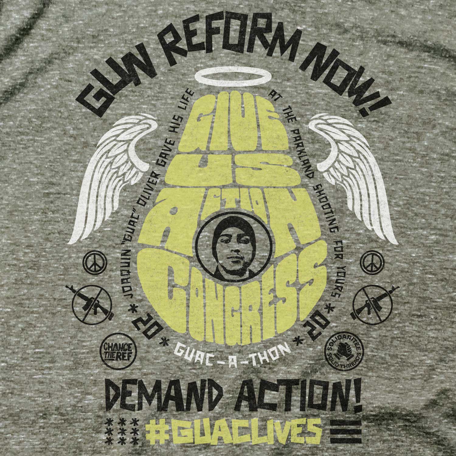 Men's Guac A Thon 2020 Gun Reform Graphic T-Shirt Close Up | Vintage Peace Tee | Solid Threads