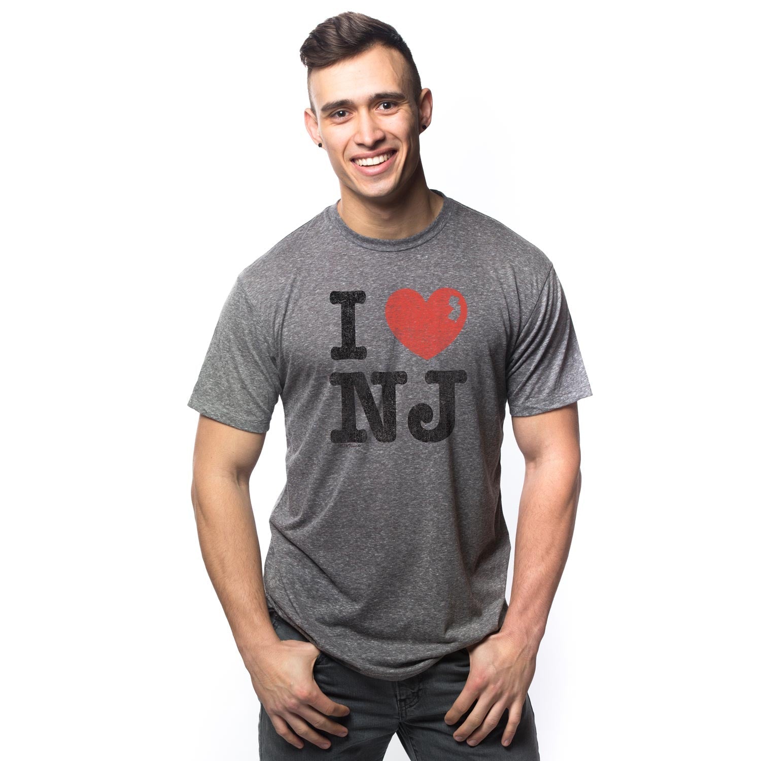 Men's I Heart NJ Vintage Garden State Graphic Tee | Retro Jersey Pride T-Shirt on Model | Solid Threads