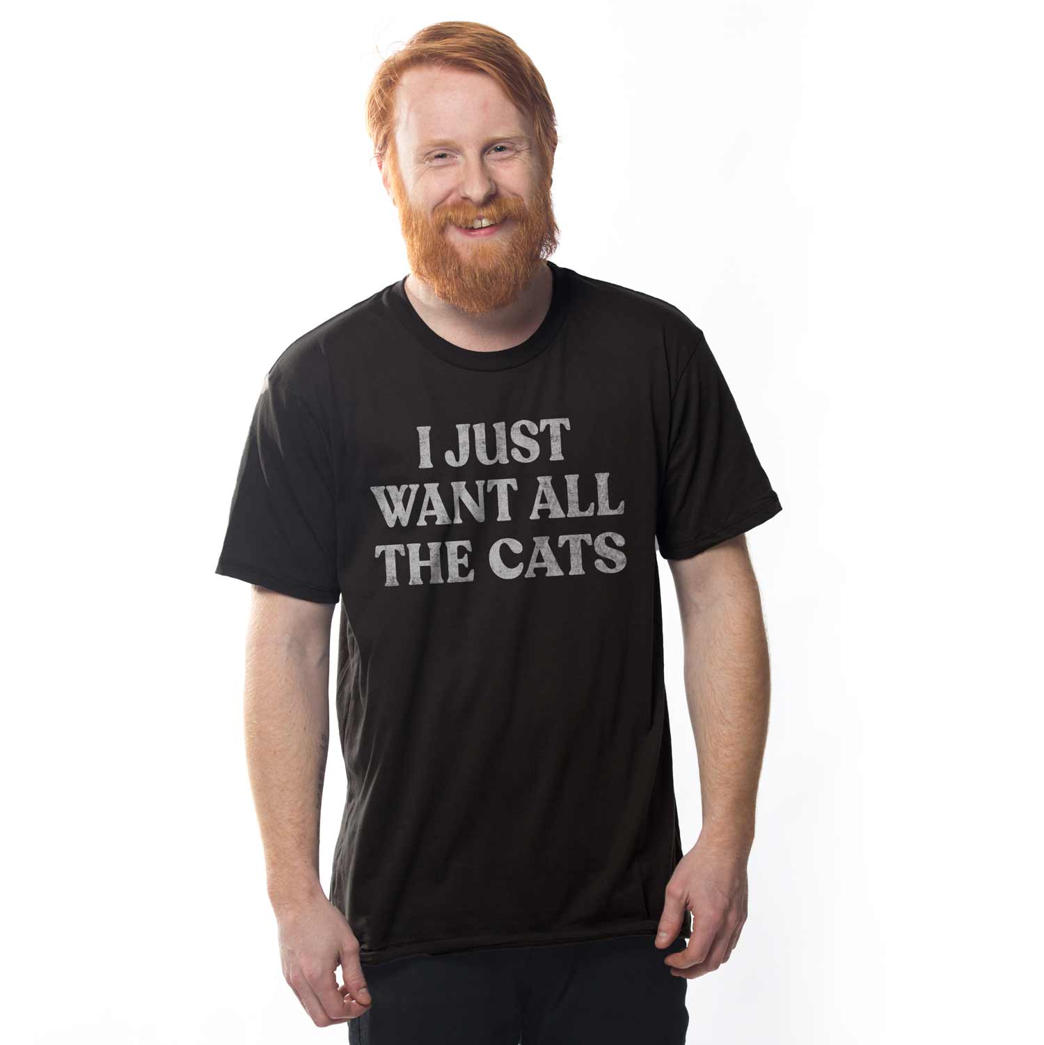 Men's Want All The Cats Vintage Graphic Tee | Funny Animal Soft T-shirt on Model | Solid Threads
