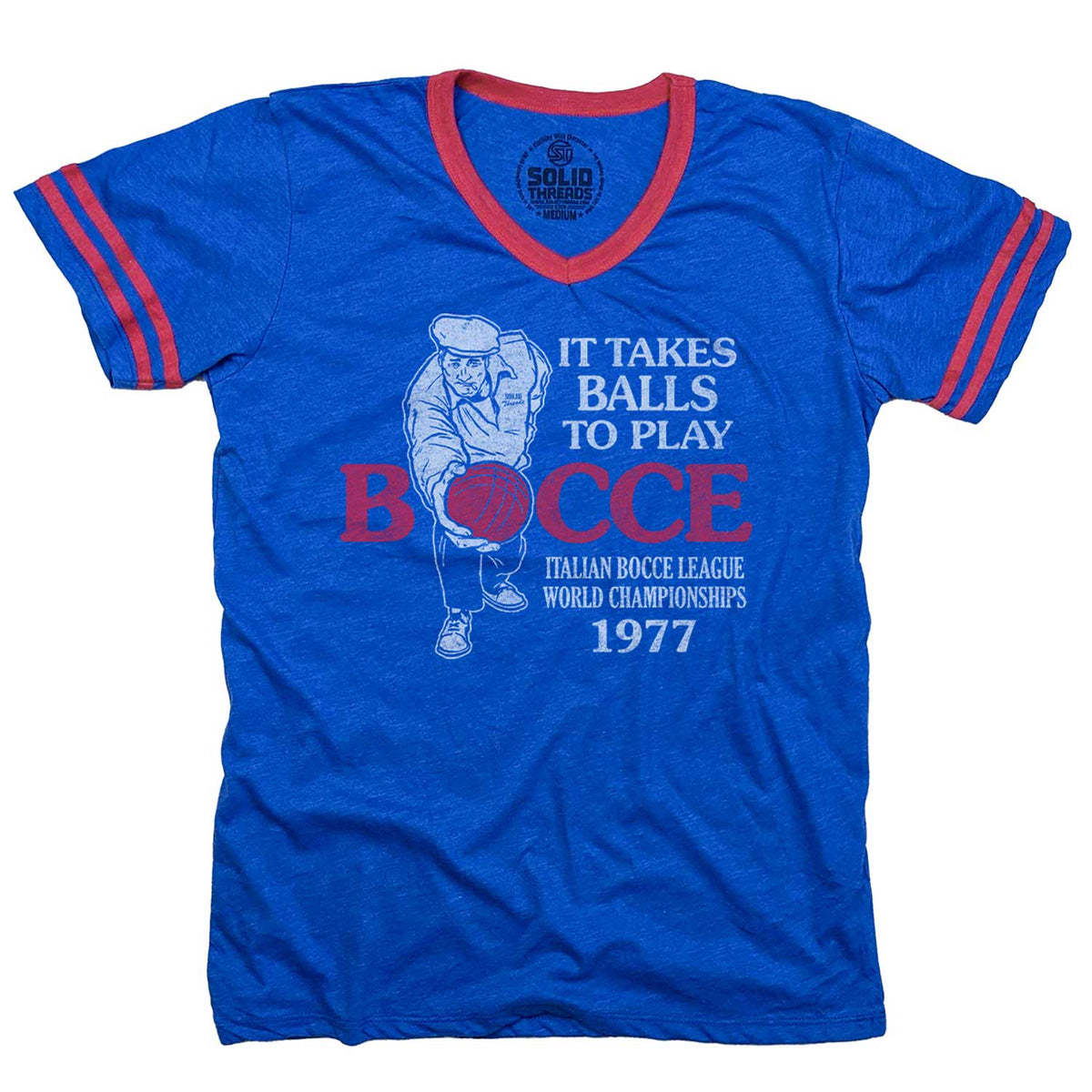 Men&#39;s It Takes Balls To Play Bocce Vintage Graphic V-Neck Tee | Funny Bocce T-shirt | Solid Threads