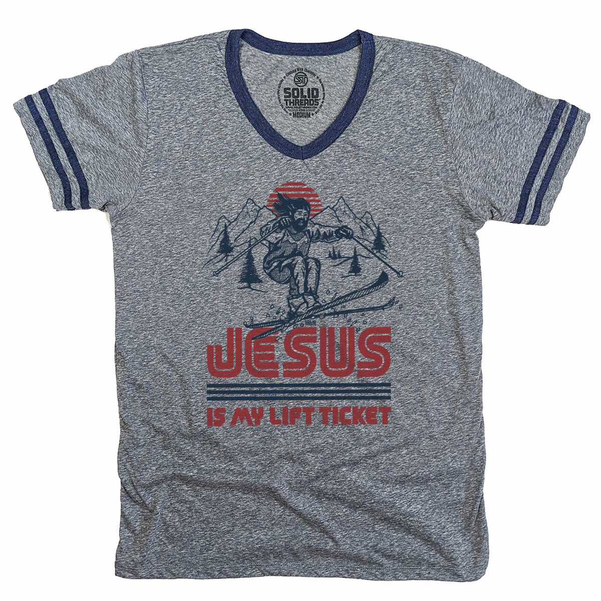 Men&#39;s Jesus is My Lift Ticket Vintage Graphic V-Neck Tee | Funny Skiing T-shirt | Solid Threads