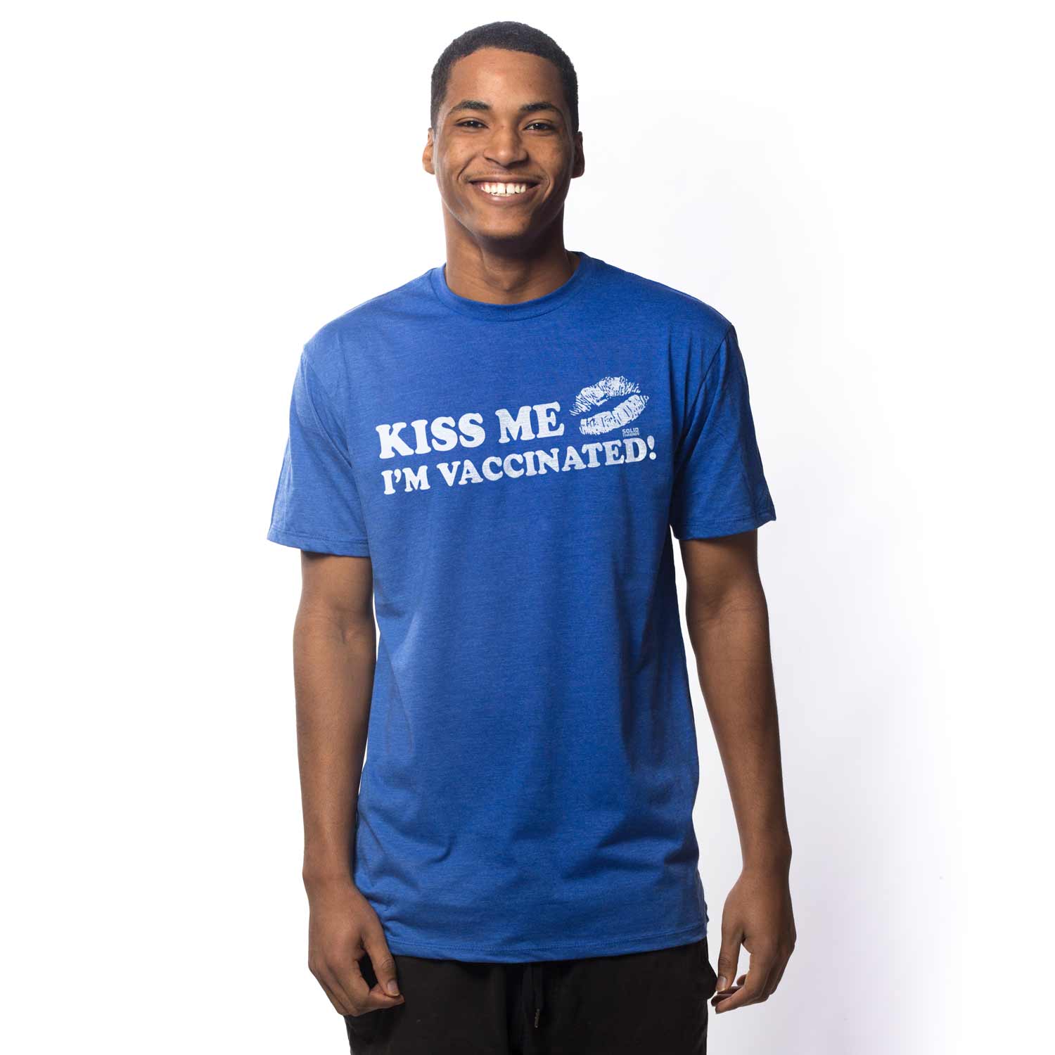 Men's Kiss Me I'm Vaccinated Vintage Graphic Tee on Model Proceeds Support Science | Solid Threads