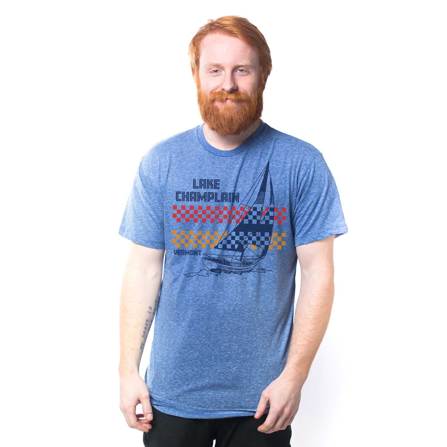Men's Lake Champlain Vermont Vintage T-shirt | Retro Sailboat Graphic Tee on Model | Solid Threads