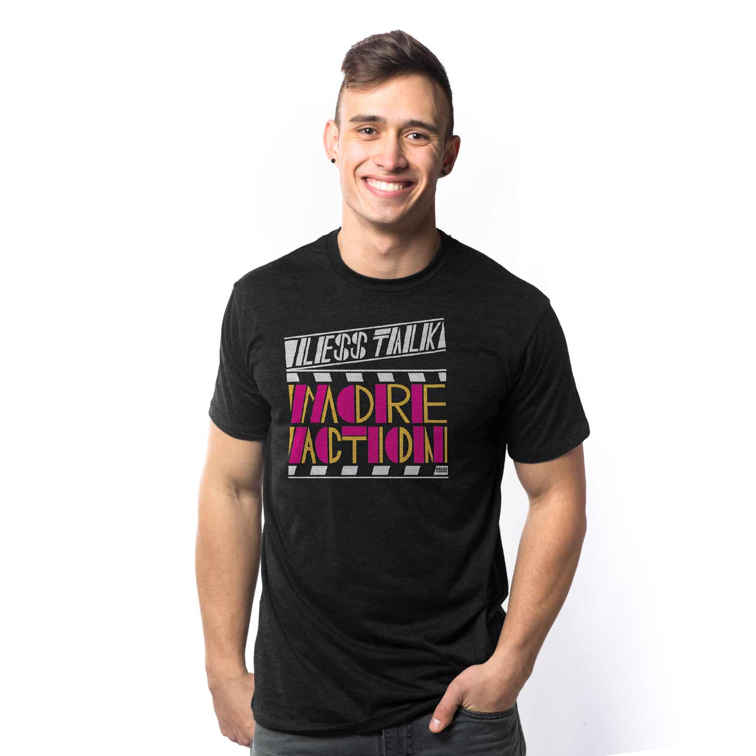 Men's Less Talk More Action Cool Graphic T-Shirt | Vintage Movie Buff Tee on Model | Solid Threads