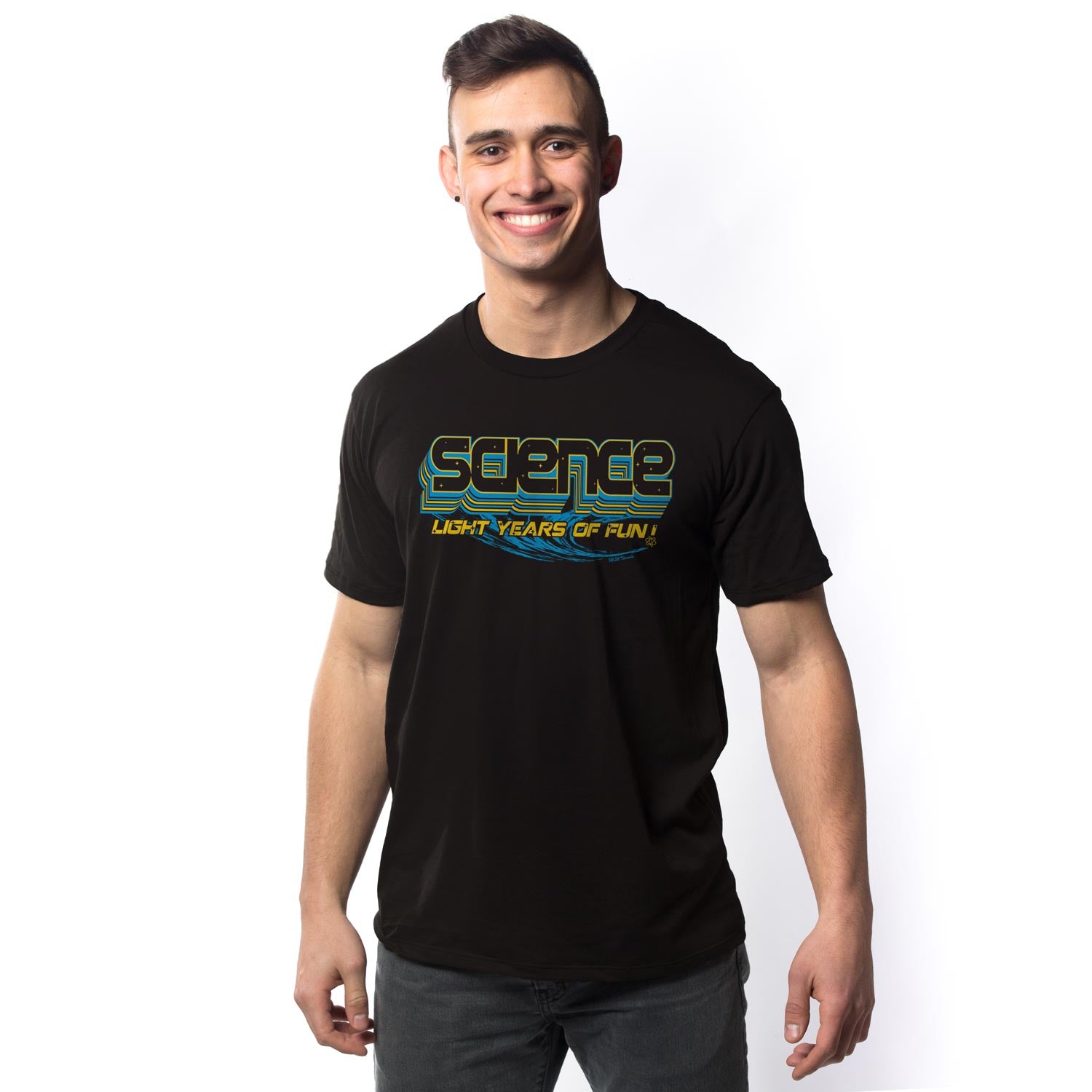 Men’s Science Light Years of Fun Cool Graphic Tee | Funny Astronomy T-shirt on Model | Solid Threads