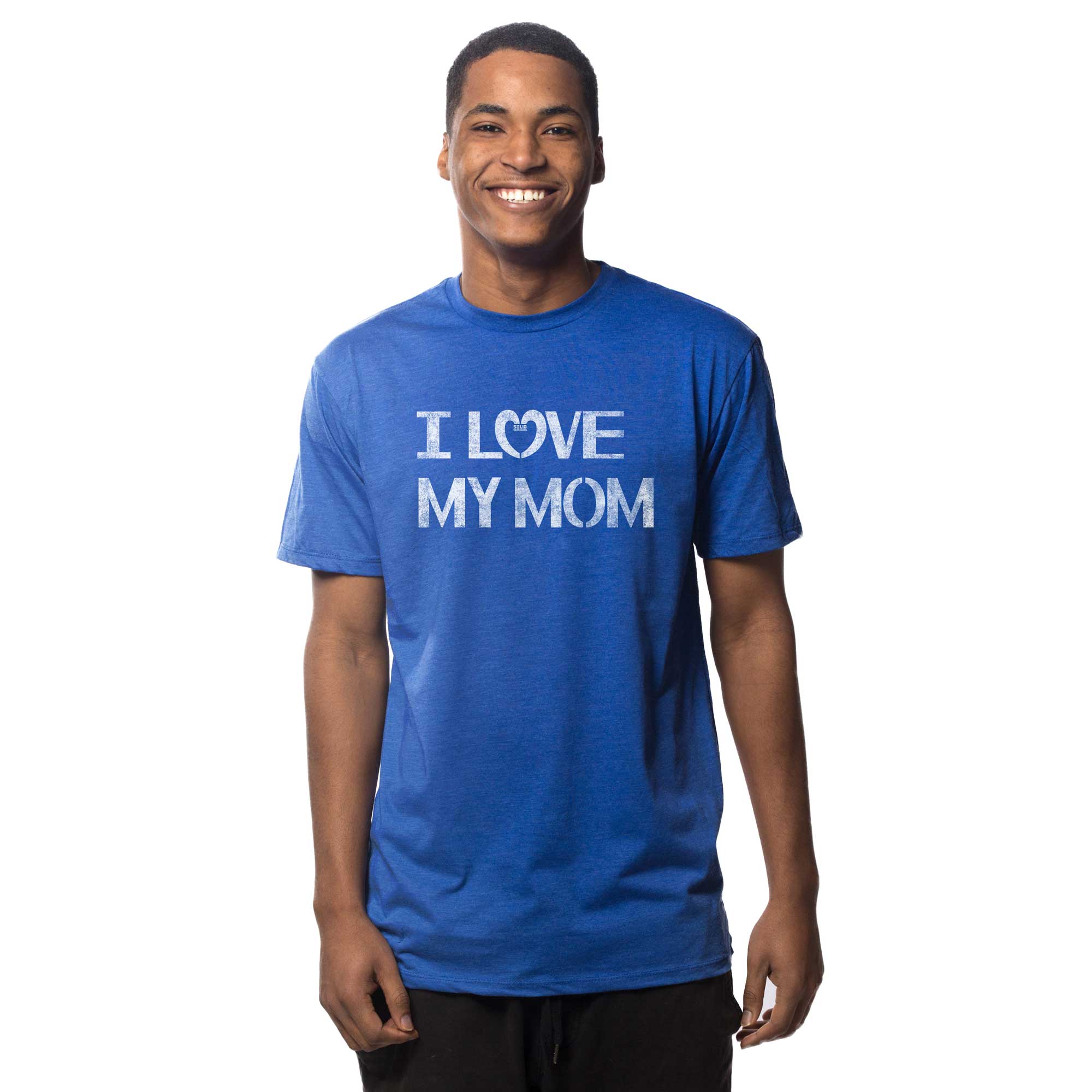 Men's I Love My Mom Cute Graphic T-Shirt | Vintage New Parent Tee on Model | Solid Threads