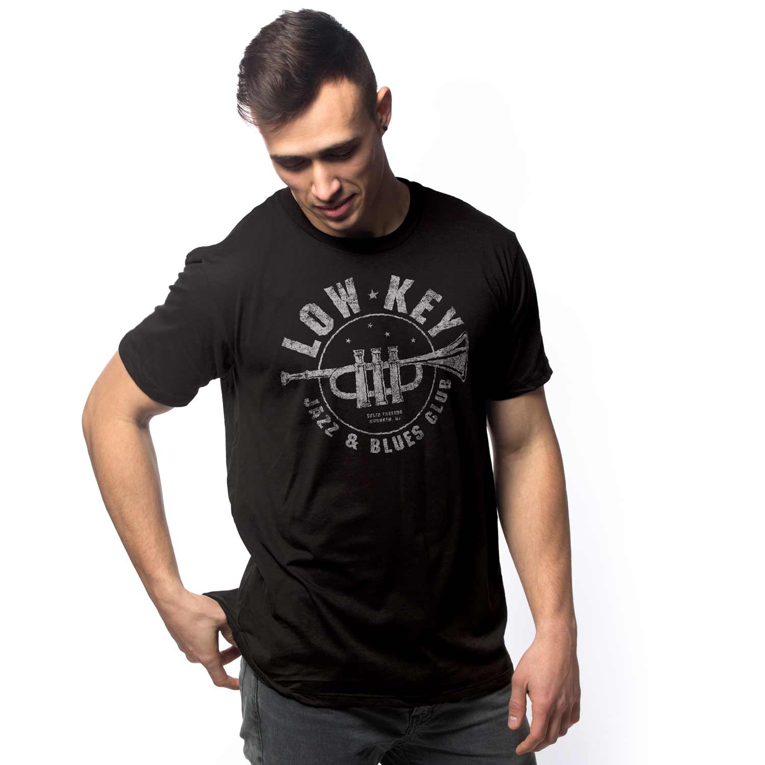 Men's Low Key Jazz And Blues Club Cool Graphic T-Shirt | Vintage Music Tee on Model | Solid Threads