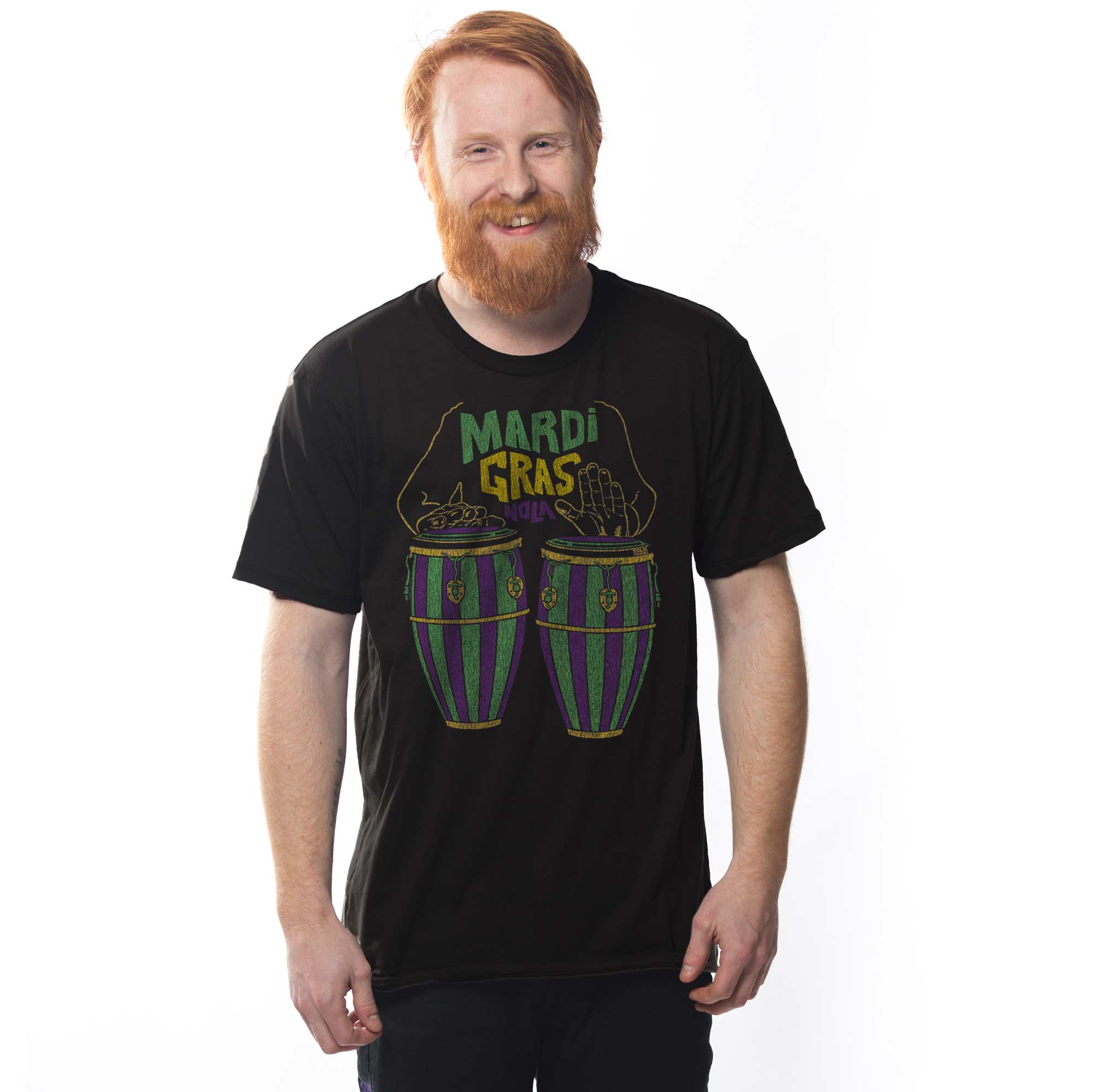 Men's Mardi Gras Drums Vintage Graphic Tee | Cool New Orleans Party T-Shirt on Model | SOLID THREADS