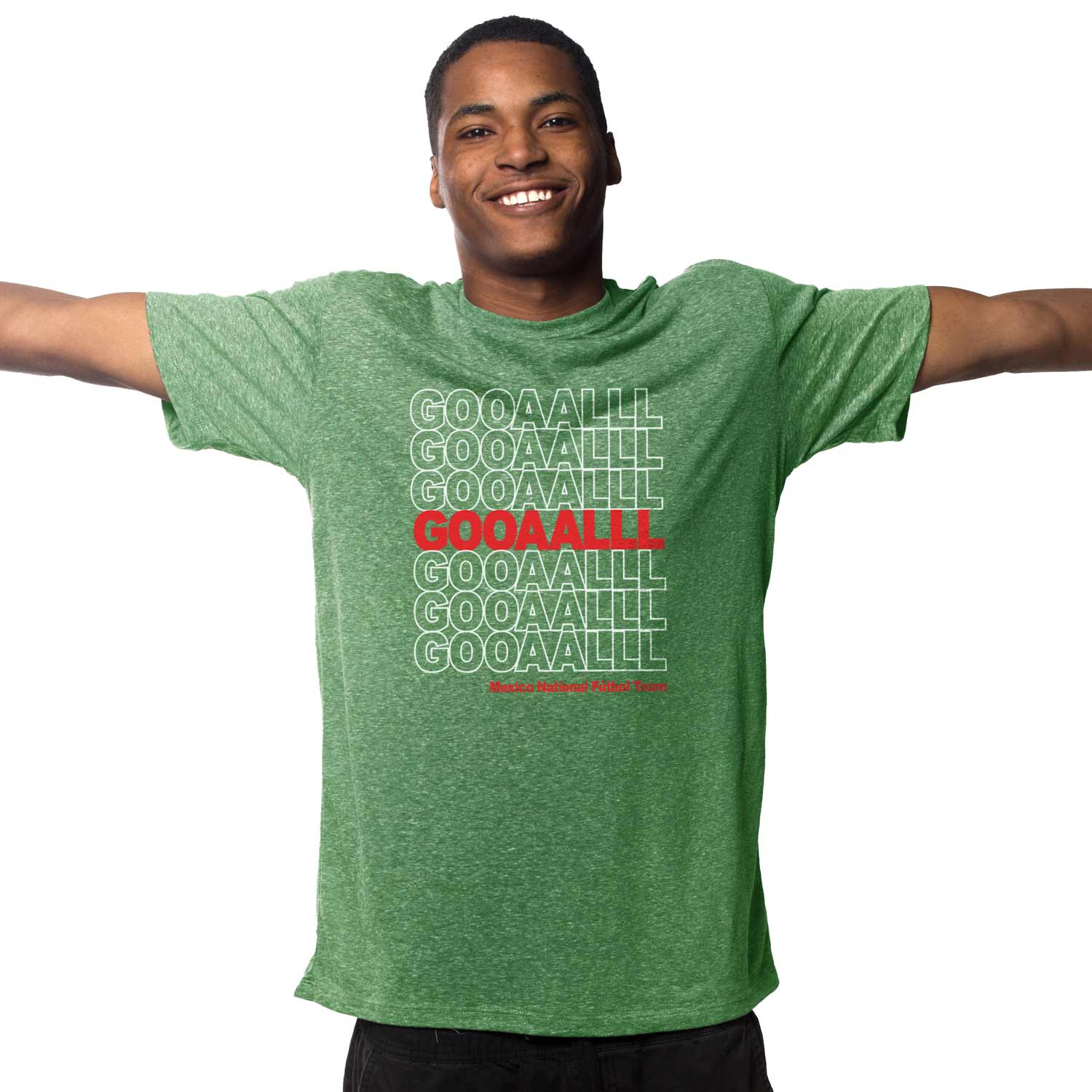 Men's Mexico Soccer Gooaalll Graphic Tee | Cool World Cup Football T-Shirt on Model | SOLID THREADS