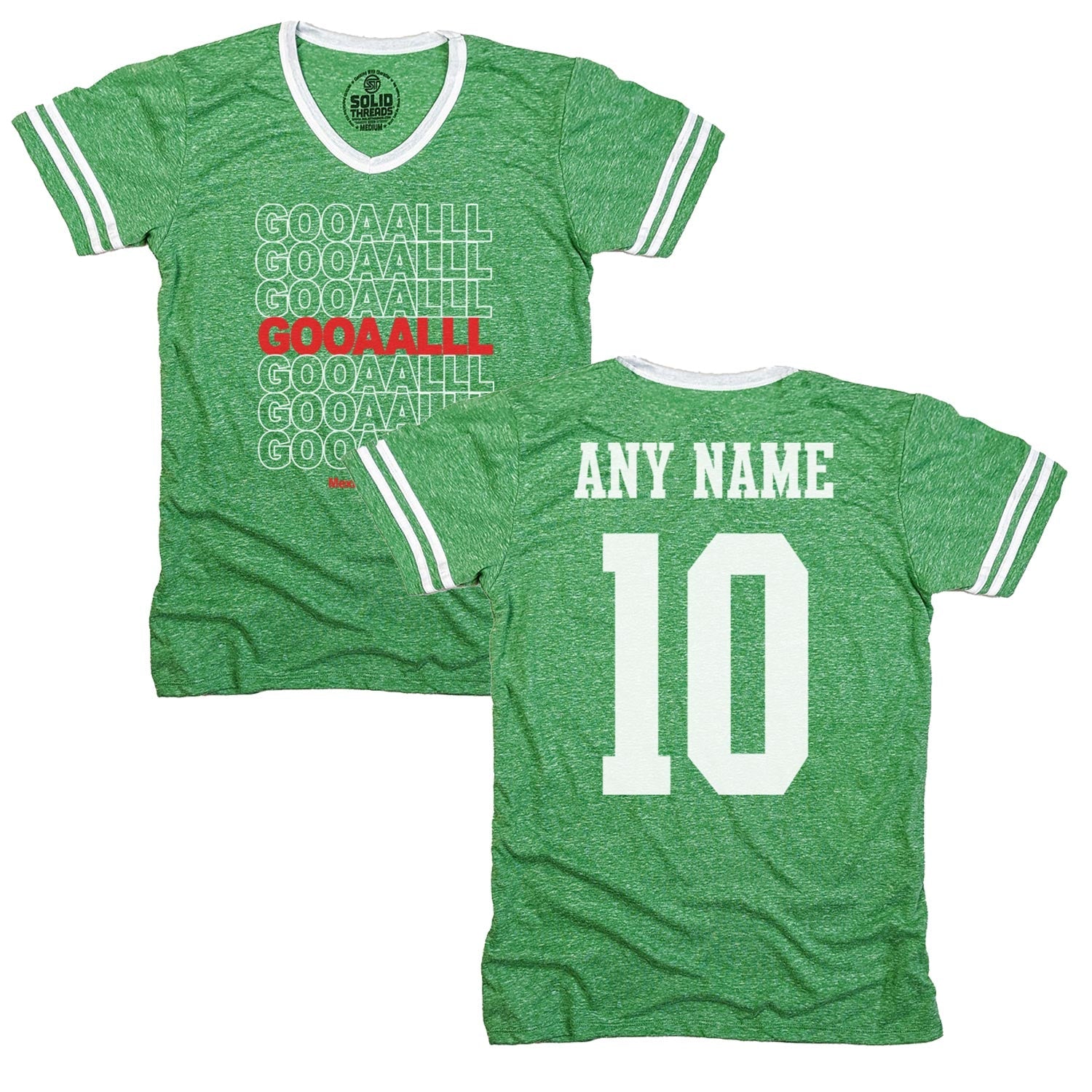 Men's Mexico Gooaalll Graphic V-Neck Tee | Retro Football T-Shirt with Custom Back | SOLID THREADS