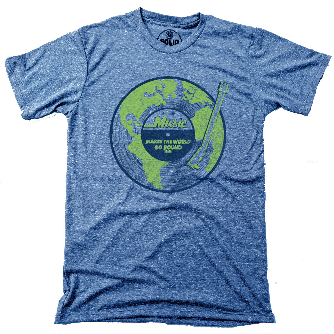 Men's Music Makes World Go Round Cool Graphic T-Shirt | Vintage Vinyl Triblend Tee | Solid Threads