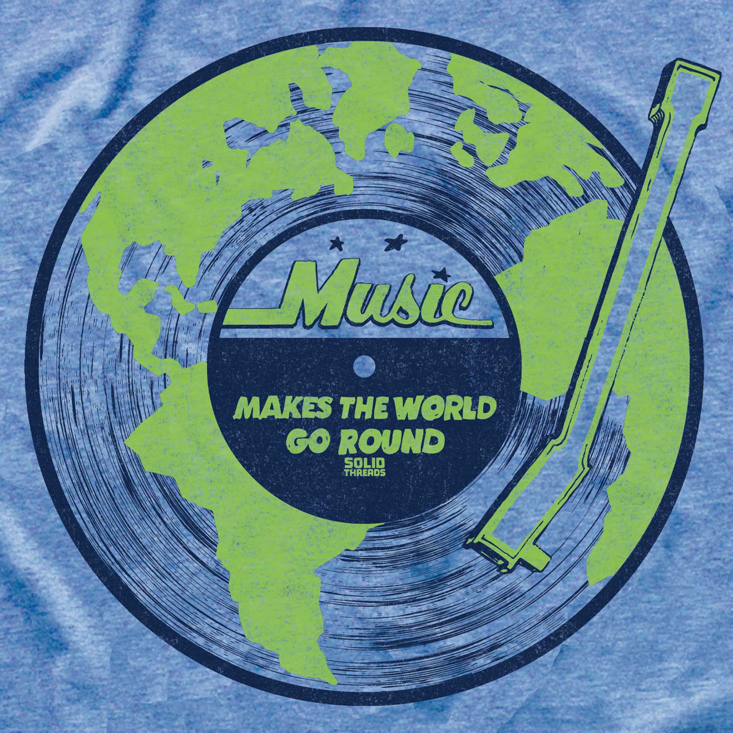 Men's Music Makes The World Go Round Cool Graphic T-Shirt | Vintage Vinyl Tee Closeup | Solid Threads