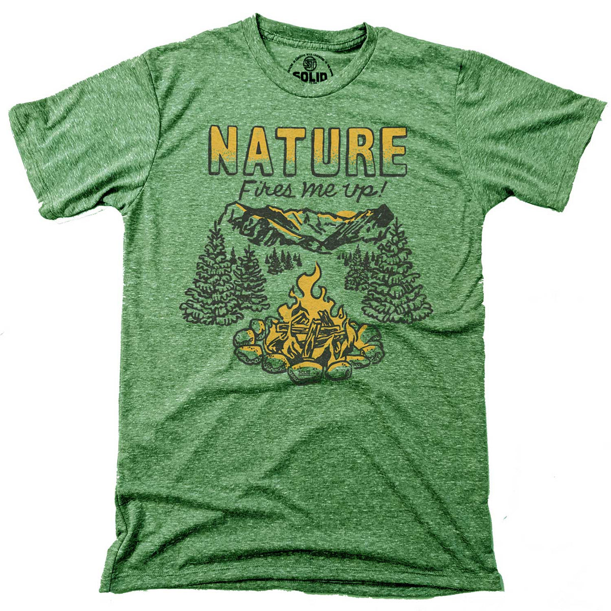 Men&#39;s Nature Fires Me Up Retro Camping Graphic Tee | Funny Outdoors Triblend T-Shirt | Solid Threads