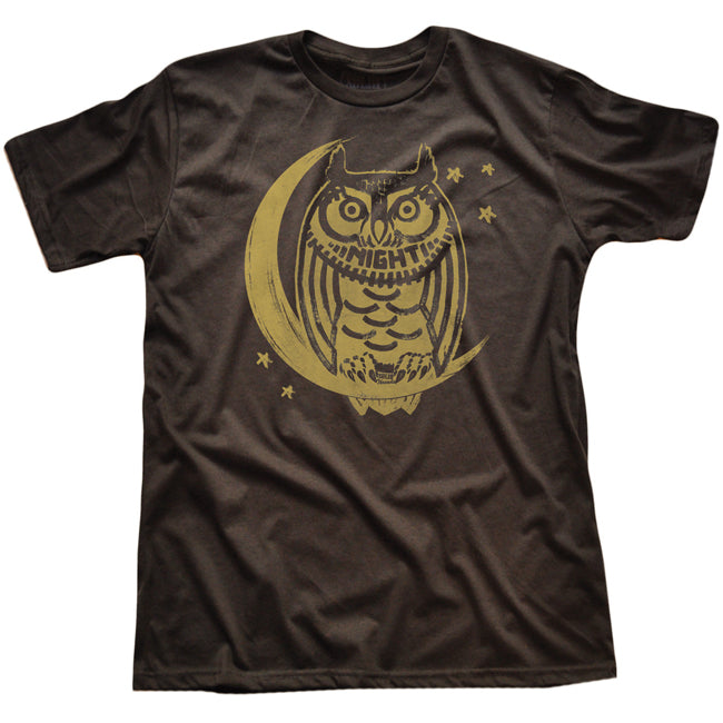 Men's Night Owl Cool Bird Watching Graphic Tee | Vintage Insomnia Brown T-shirt | Solid Threads