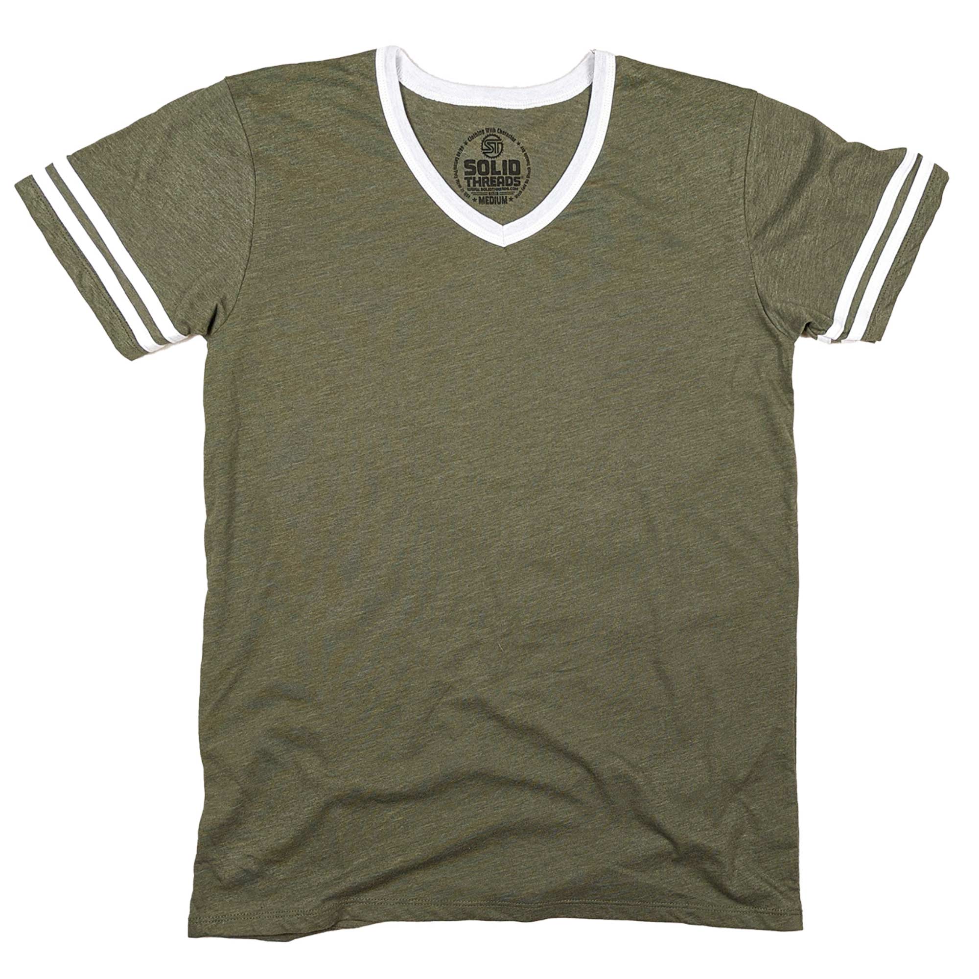 Men's Retro Ringer V-neck T-shirt Olive/White | Super Soft Vintage Inspired Tee | USA Made