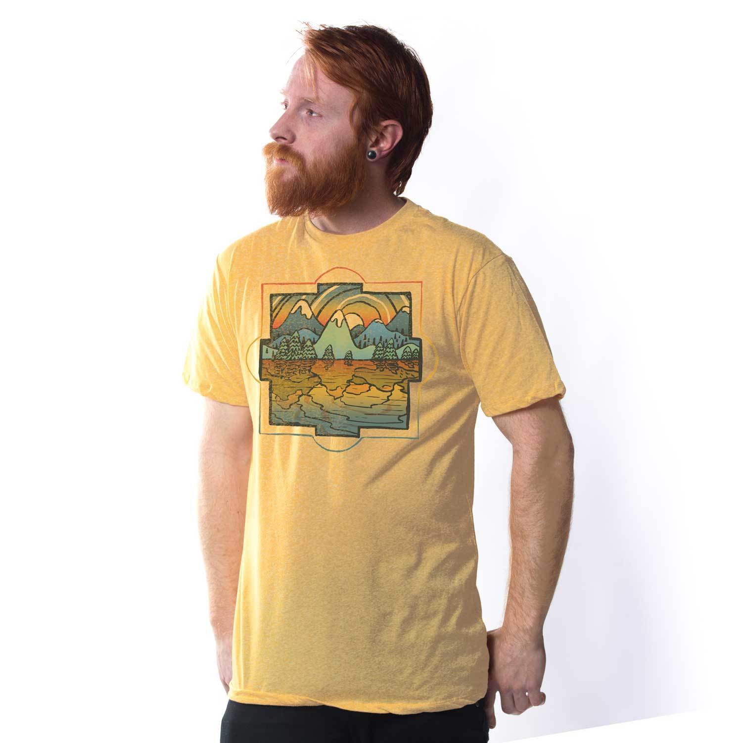 Men's Reflections Colorful Lake Graphic Tee | Vintage Mountains T-Shirt on Model | Solid Threads